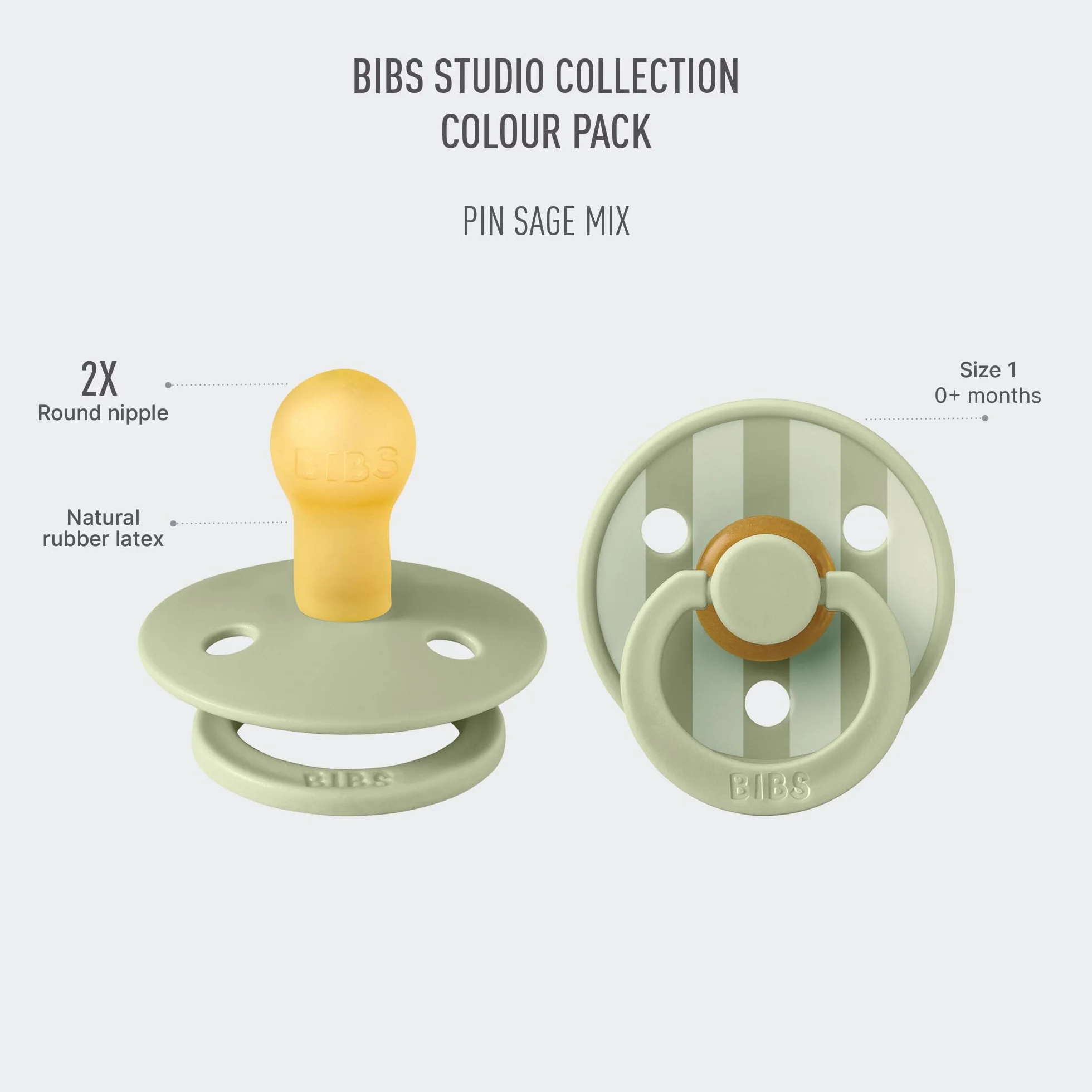 BIBS Colour Studio smoczek, 2 sztuki, nie zawiera BPA, sutki w kształcie wiśni, kauczuk naturalny/lateks, wyprodukowano w Danii, rozmiar 1 (0-6 miesięcy), Pin Sage