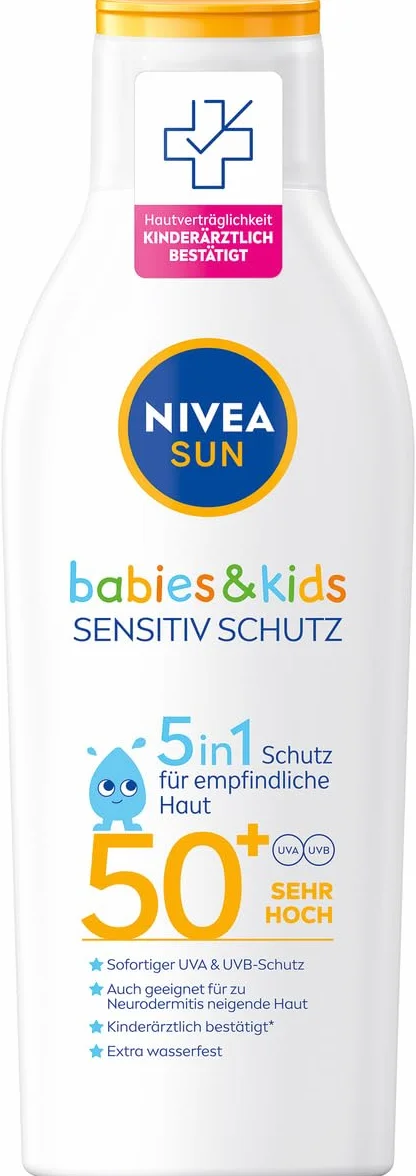 NIVEA SUN Kids Sensitiv ochrona i pielęgnacja mleczko do opalania SPF 50+ (200 ml), bardzo wodoodporny krem przeciwsłoneczny z SPF 50+, balsam do opalania dla wrażliwej skóry dziecka