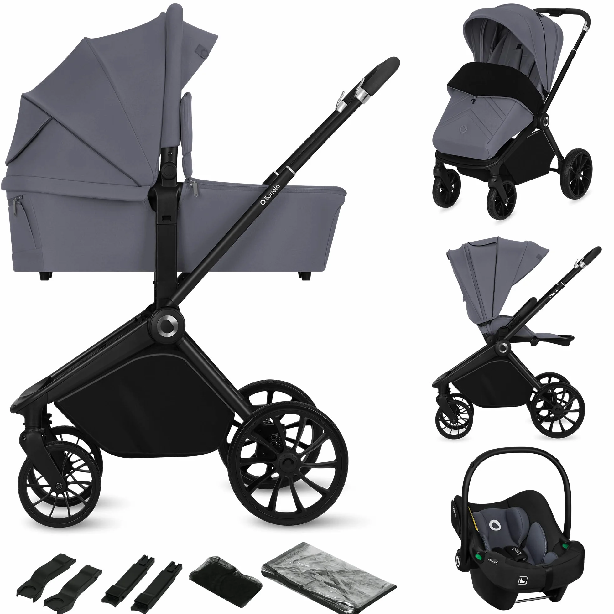 LIONELO MIKA PLUS 3 w 1 Wózek Spacerowy Dziecięcy 0-48 miesięcy do 22 kg Gondola do 9 kg Fotelik Samochodowy Nosidło do 13 kg, Regulacja Oparcia, Amortyzacja, Koła 360° Budka XXL (Szary)