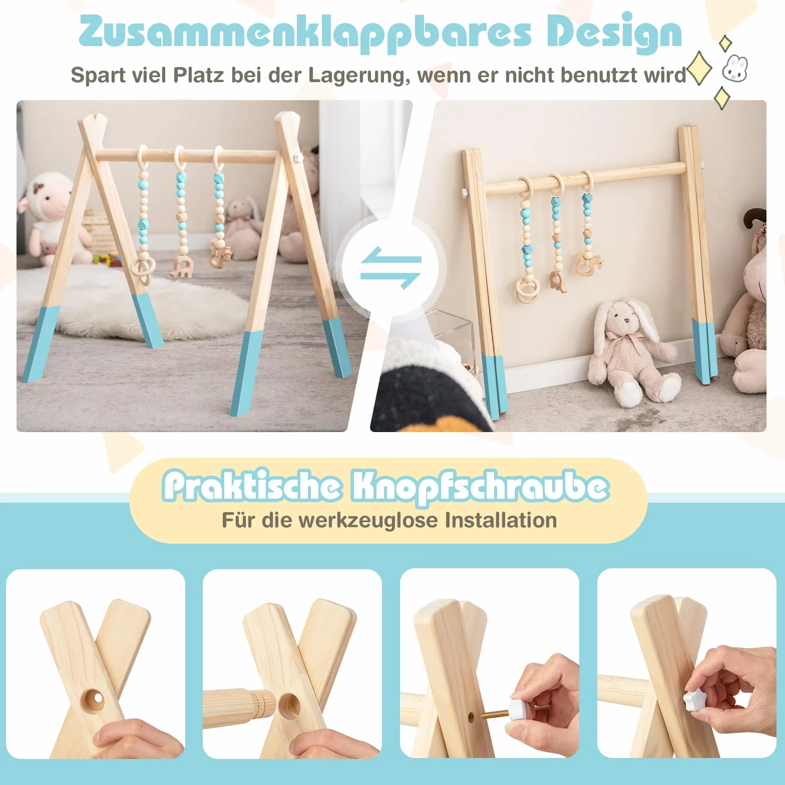 COSTWAY Drewniany łuk do zabawy dla niemowląt, trapez do zabawy, składany, z 3 zdejmowanymi zabawkami dla dzieci, trapez do zabawy dla dzieci powyżej 3 miesięcy, drewniana zabawka do rozwoju mózgu