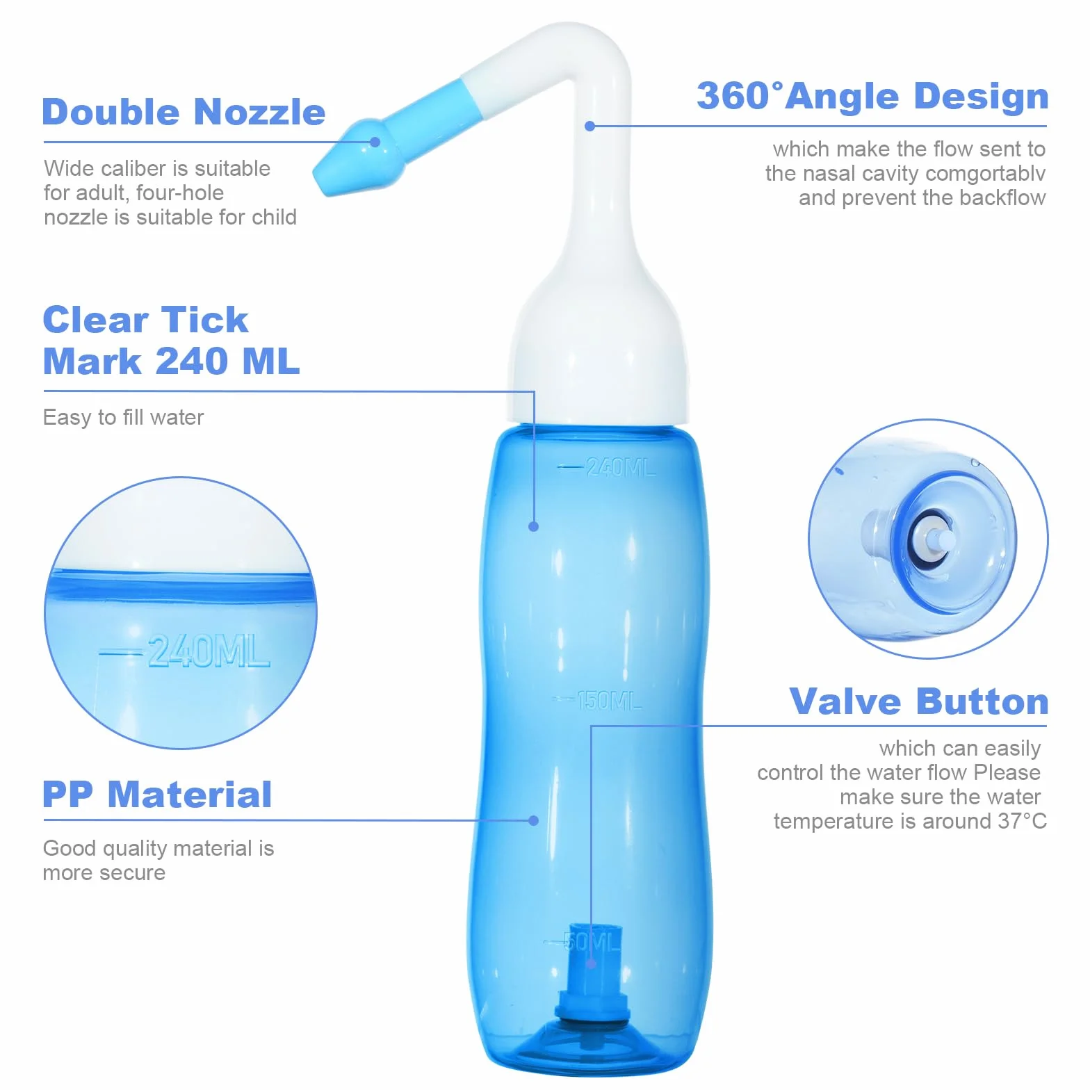 URAQT Neti Pot, zestaw do płukać nosa, butelka zatoka 240 ml z 40 pakietami soli, dla dorosłych i dzieci, ulga w zatokach