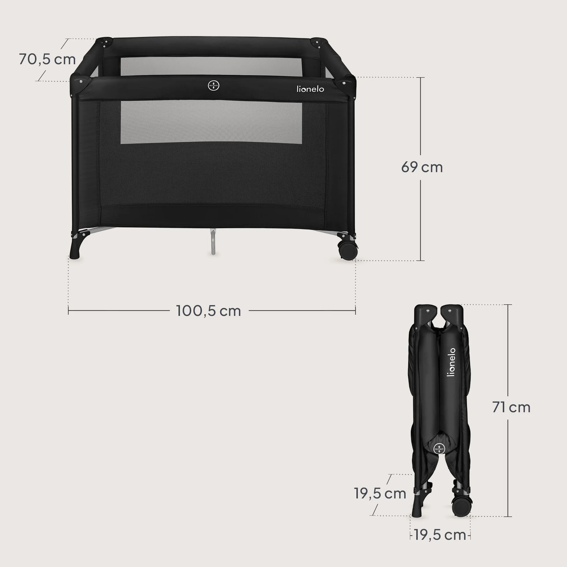 Lionelo Amelie dziecięce łóżeczko podróżne od urodzenia do 15 kg, małe, składane, miękki materac składany, 100,5 x 70,5 cm, 2 koła, boczne wejście, torba podróżna