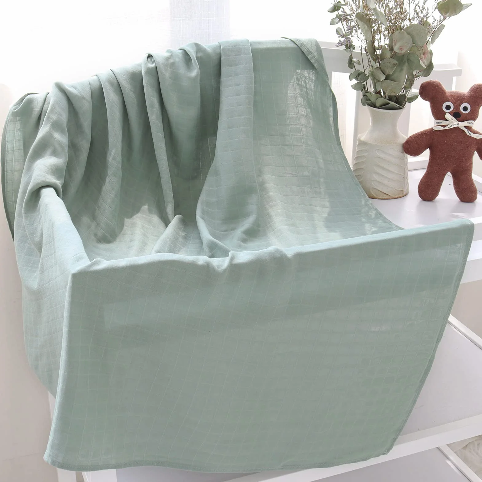 LifeTree pokrowce muślinowe, miękkie muśliny, bawełna bambusowa 120 cm x 120 cm unisex muślin, liście eukaliptusa i rzymska zieleń