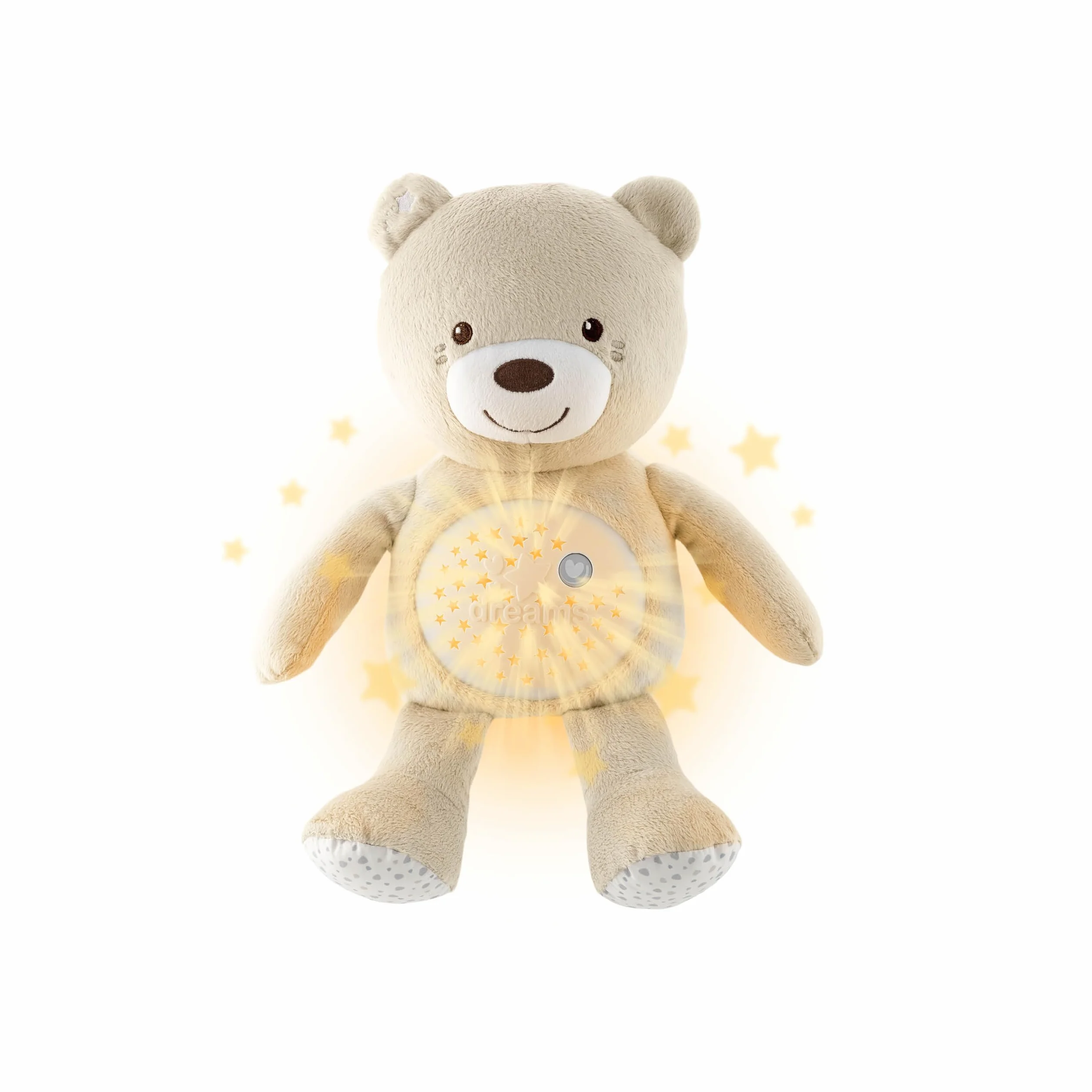 Chicco First Dreams Miś z Projektorem, Miękki Pluszowy Miś Wyświetlający Kolorowe Gwiazdki, Lampka Nocna dla Dzieci, Efekty Świetlne i Relaksujące Melodie, Zabawki dla Niemowląt 0 m +, Beżowy