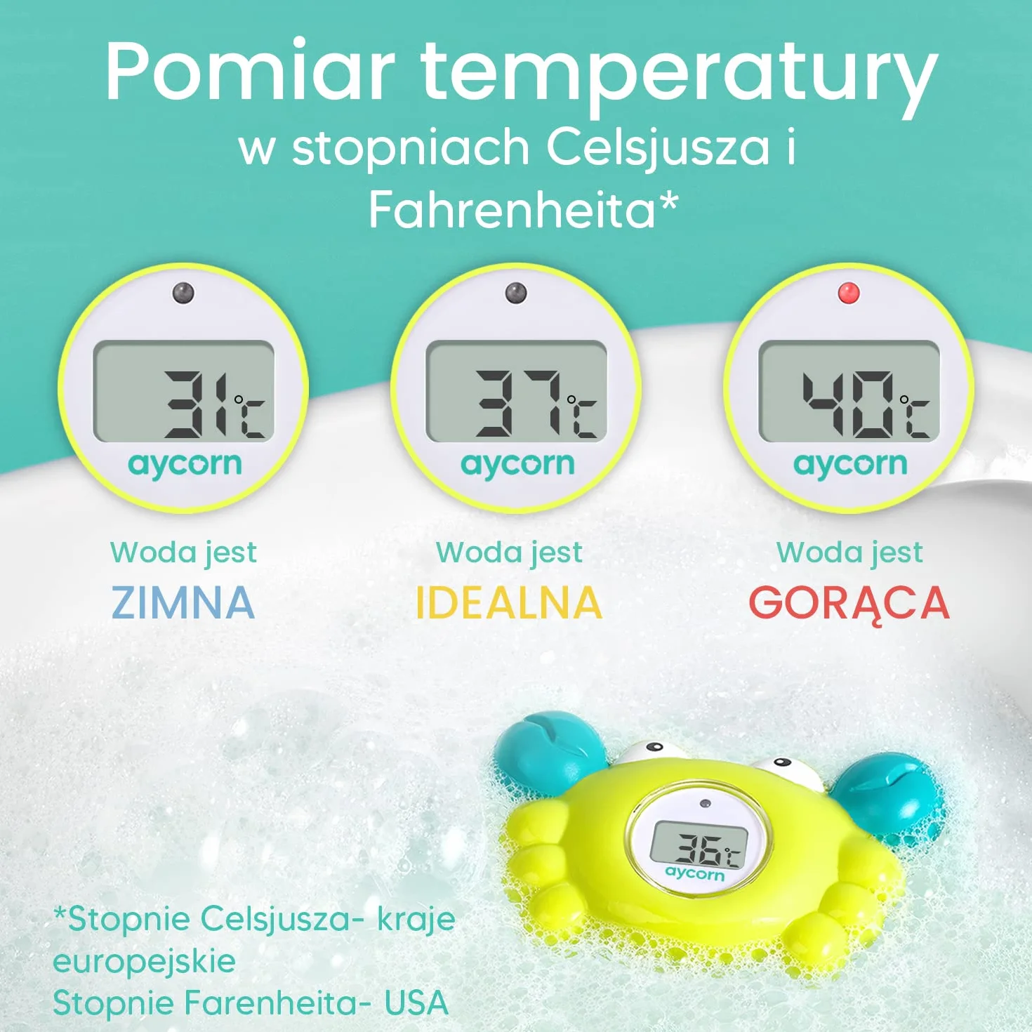 Aycorn Cyfrowy Termometr do Wanny Wody Kąpieli, dla Dzieci Niemowląt Malucha, Pokojowy Wodoodporny, Zabawka do Kąpieli, Elektroniczny Precyzyjny Czujnik Temperatury, Krab