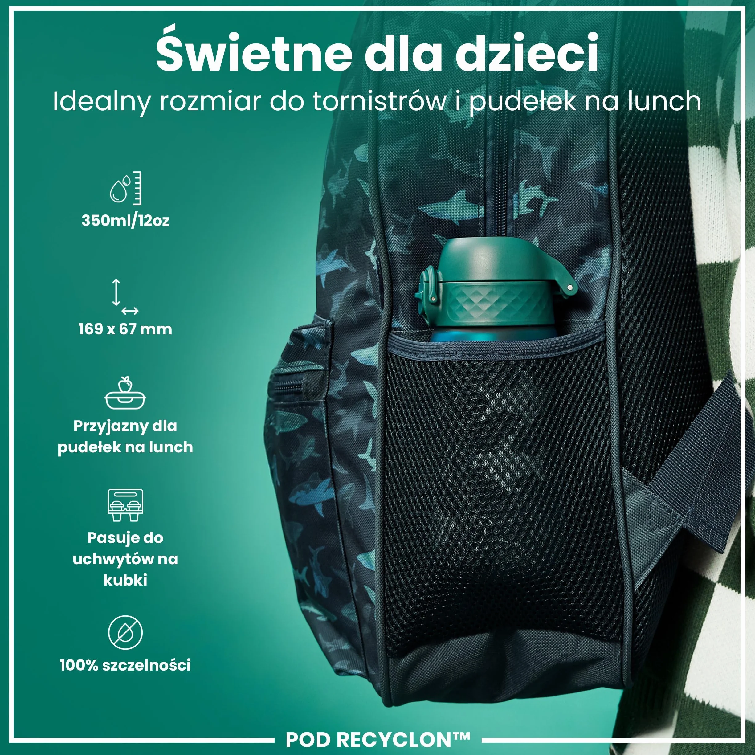 ION8 Butelka dla Dzieci, 350 ml/12 oz, Szczelna, Łatwa do Otwarcia, Bezpieczny Zamek, Można Myć w Zmywarce, Bez BPA, Uchwyt do Przenoszenia, Łatwa do Czyszczenia, Bezwonny, Rekiny