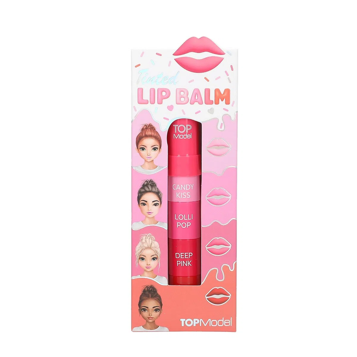 Depesche 14075 TOPModel Candy Glam Tinted Lipbalm - zestaw do pielęgnacji ust, z 4 indywidualnymi kolorami, od czerwonego do różowego, do łączenia, o słodkim zapachu waty cukrowej