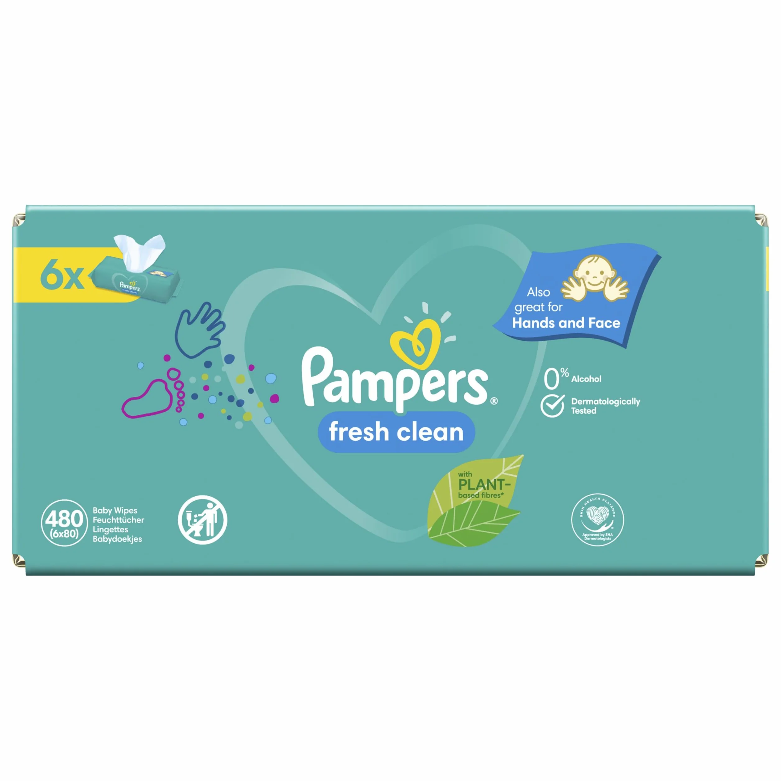 Pampers Fresh Clean Chusteczki nawilżane, 6 opakowań = 480 szt, neutralny zapach, świetnie nadają się również do rączek i buzi