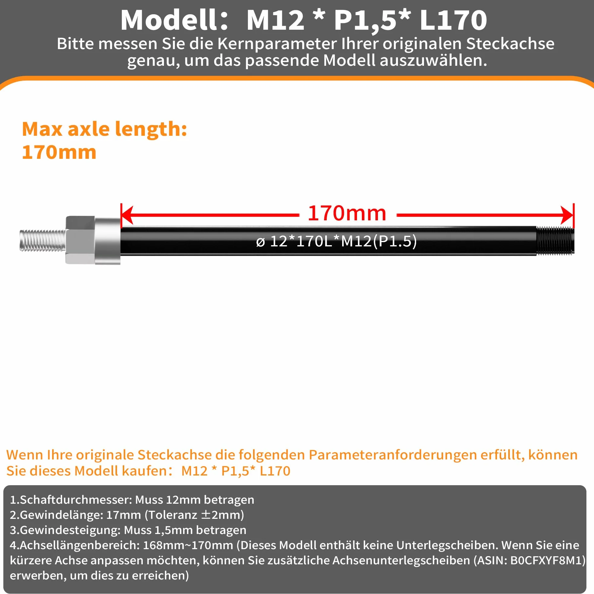 Adapter osi przelotowej M12 do przyczepy rowerowej sprzęgło, adapter osi przelotowej roweru, oś przelotowa roweru, regulowana długość trzpienia (czarny, M12x1,5(170mm))