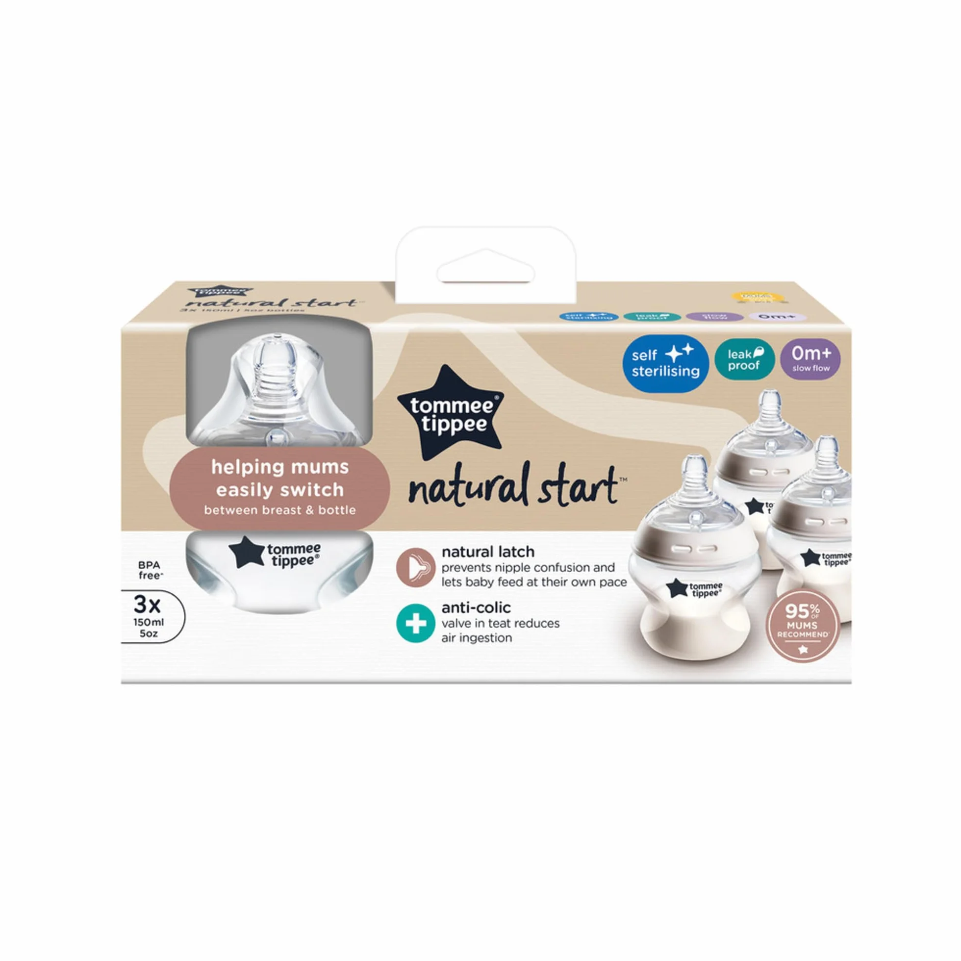 Tommee Tippee Closer to Nature butelki dla niemowląt, naturalnie ukształtowany smoczek z zaworem zapobiegającym kolce, 150 ml, zestaw 3 sztuk, wielokolorowy