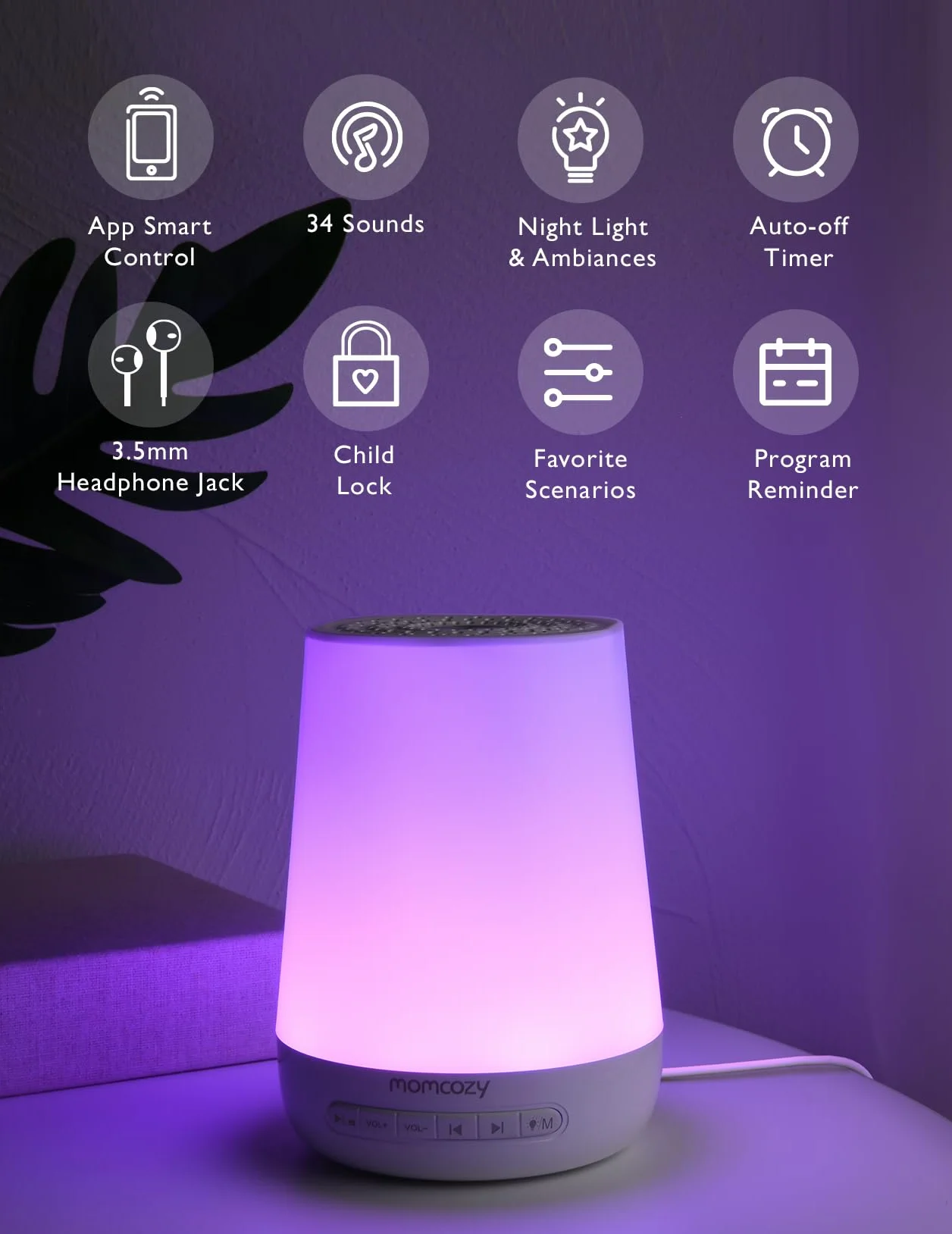 Momcozy White Noise Machine Urządzenie Wspomagające Zasypianie Niemowląt, Biały Szum z 34 Kojącymi Dźwiękami, 7 Kolorów Swiatła Nocnego, Terapia Dźwiękowa|Timer|Pilot Zdalnego Sterowania z Aplikacją