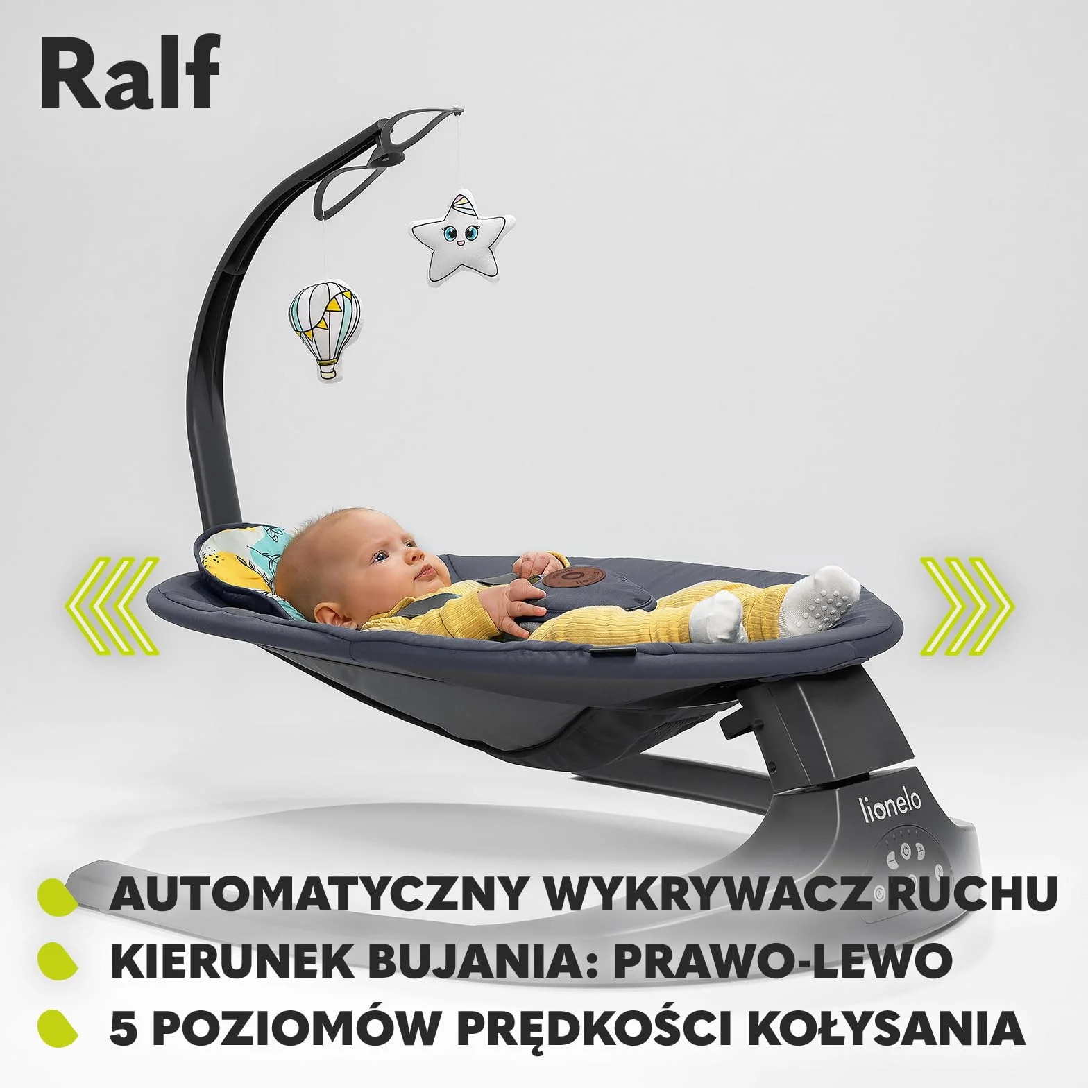 LIONELO Ralf 2w1 bujaczek i leżak dla dzieci, pilot, 12 melodii, 5 prędkości bujania, szary