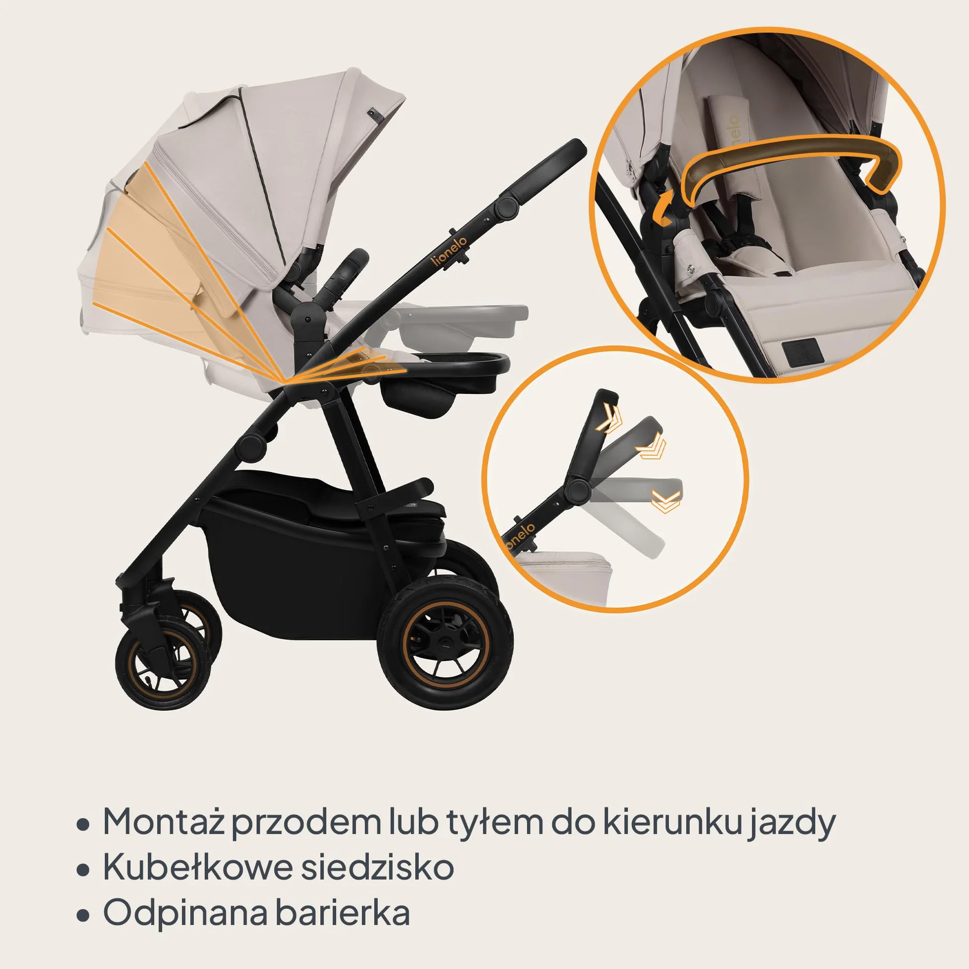 LIONELO AMBER PLUS 3w1 Wielofunkcyjny Wózek Dziecięcy od 0 do 4 lat do 22kg z Gondolą XL, Fotelik Samochodowy do 13kg, Regulacja Oparcia, Duże Terenowe Koła 360° Budka XXL