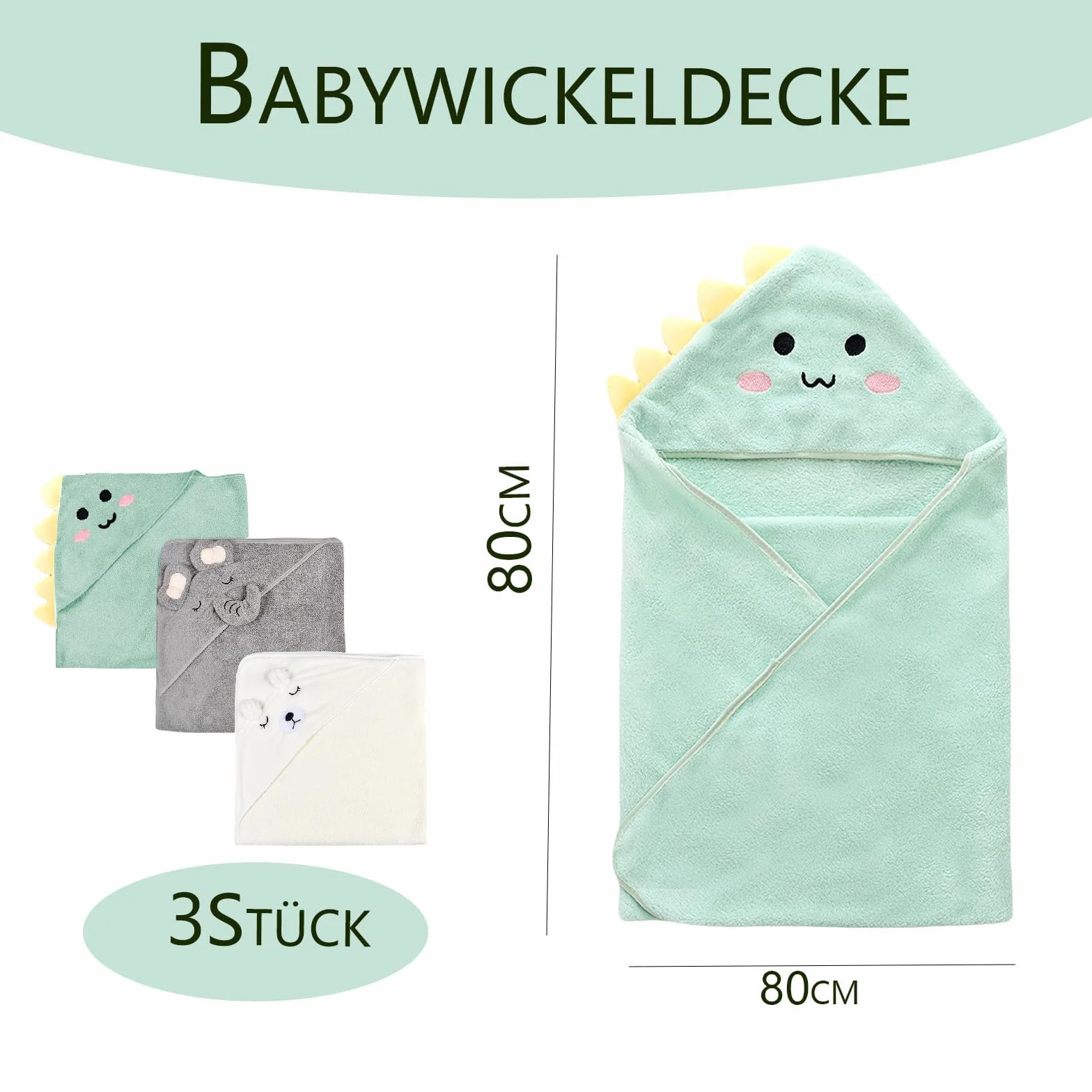 Ręcznik niemowlęcy z kapturem, 3 sztuki, ładny ręcznik dla niemowląt z kapturem, 80 x 80 cm, miękki i chłonny, odpowiedni do użytku przez niemowlęta i noworodki