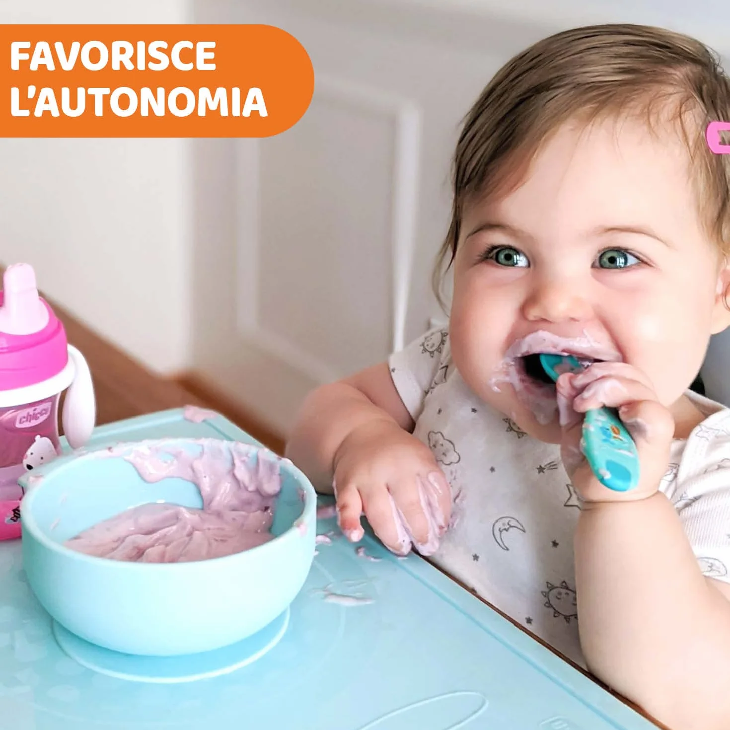 Chicco Miska silikonowa z przyssawką Easy Bowl dla niemowląt, miska na półpłynne jedzenie z ergonomiczną rączką, nadaje się do mycia w zmywarce, nadaje się do kuchenki mikrofalowej, 6+ miesięcy