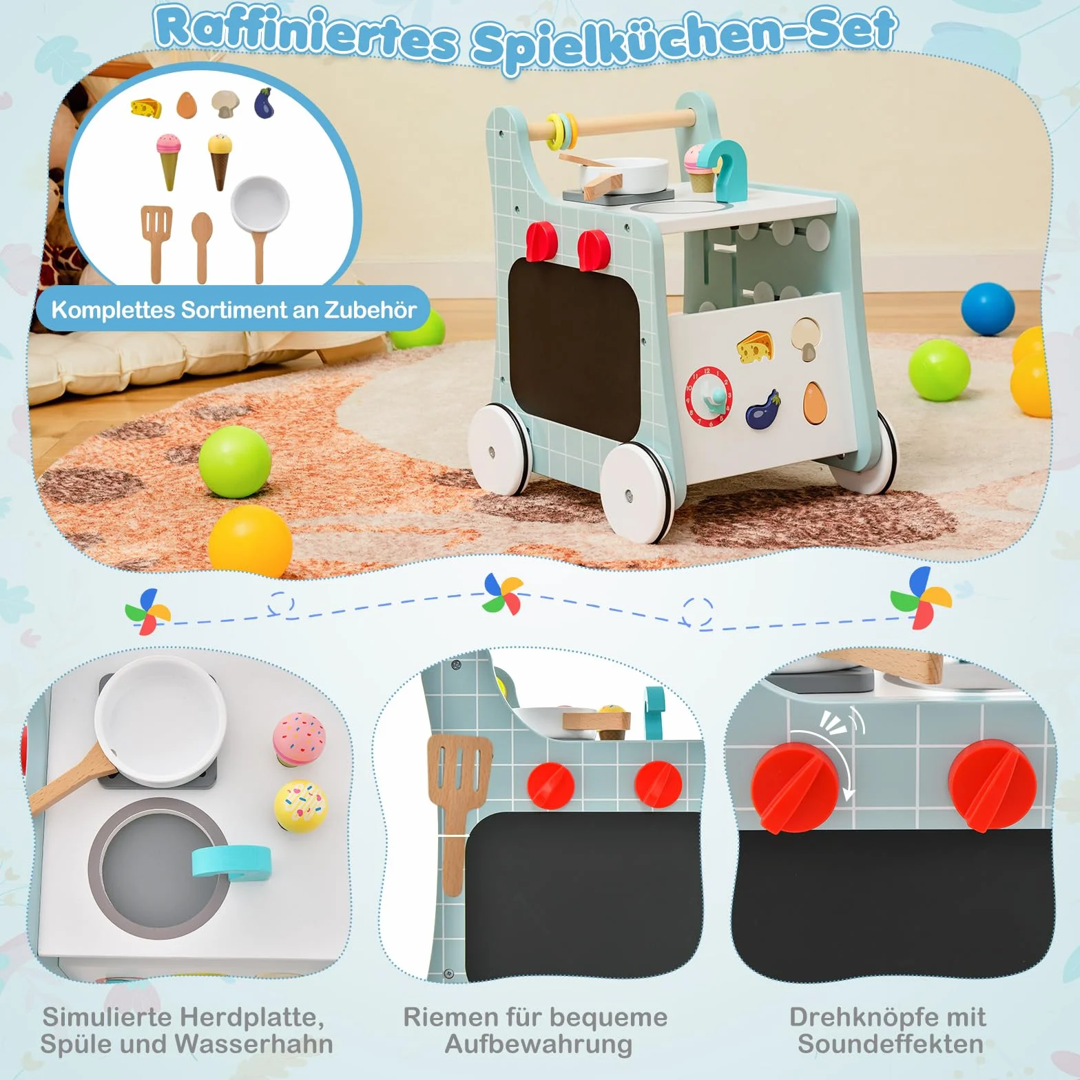 COSTWAY Drewniany wózek do nauki chodzenia 6 w 1, Baby Walker z kuchnią do zabawy