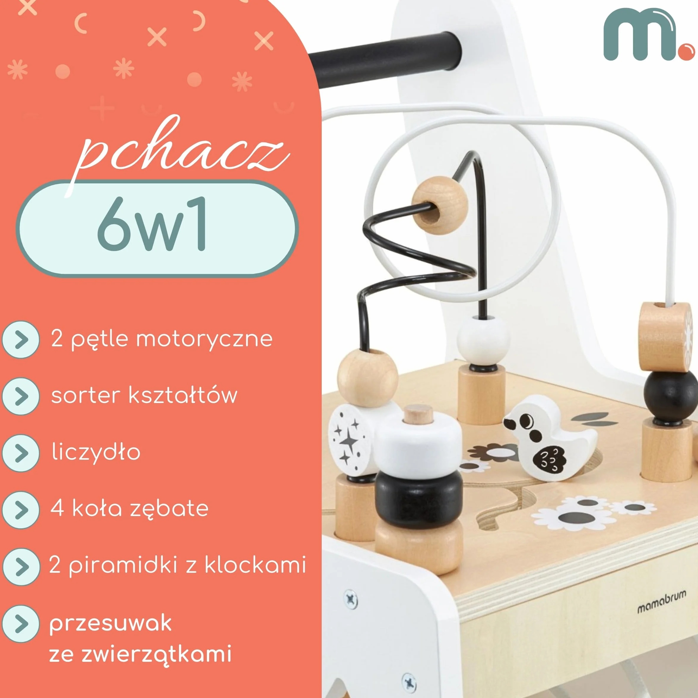 Mamabrum Drewniany Pchacz dla Dzieci 6w1, Chodzik z Funkcją Stolika Edukacyjnego, Pętla Motoryczna, Liczydło, Sorter, Antypoślizgowe Koła biały