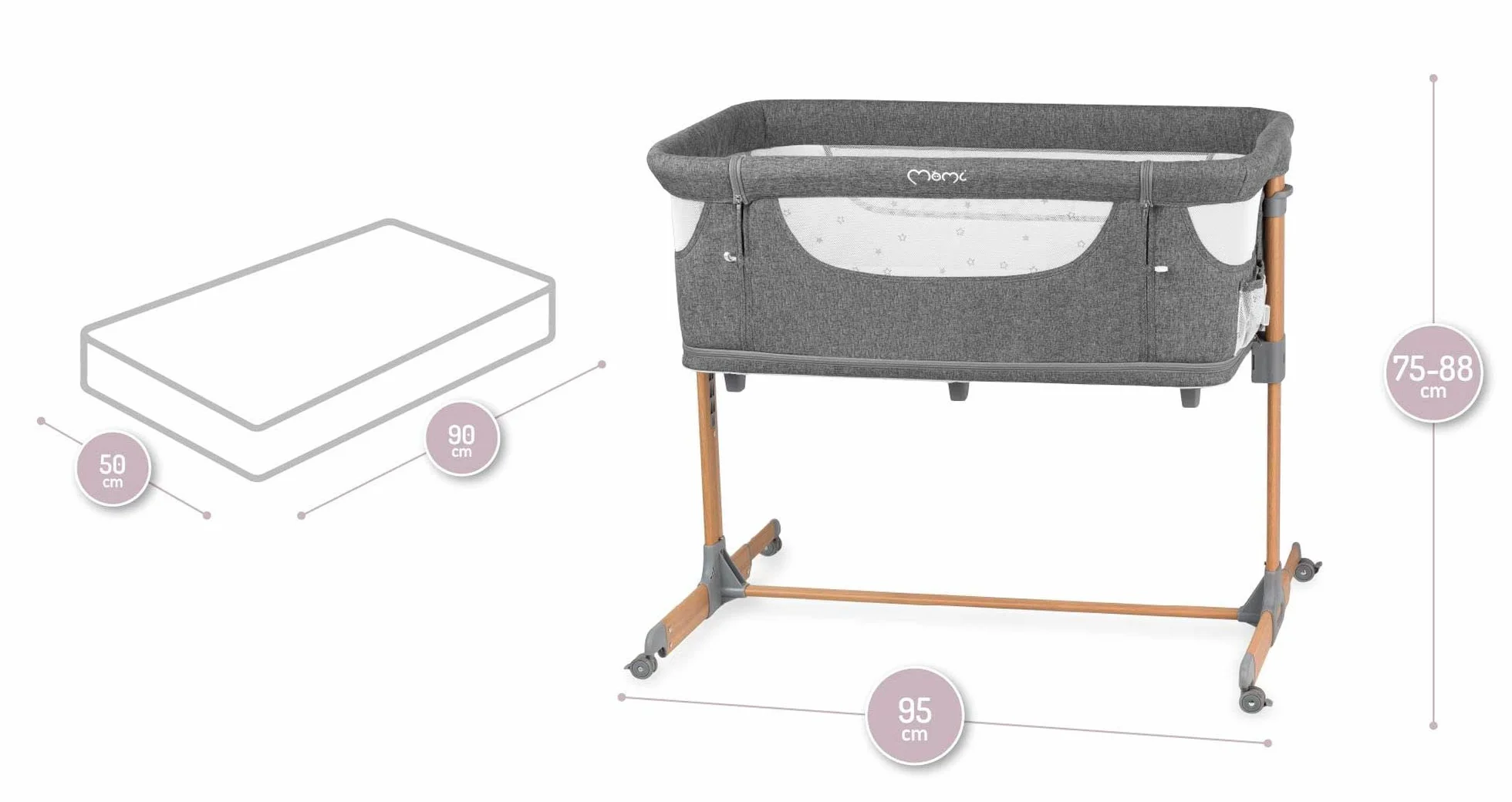 Momi SMART BED Łóżeczko, Szary, 55 x 95 cm