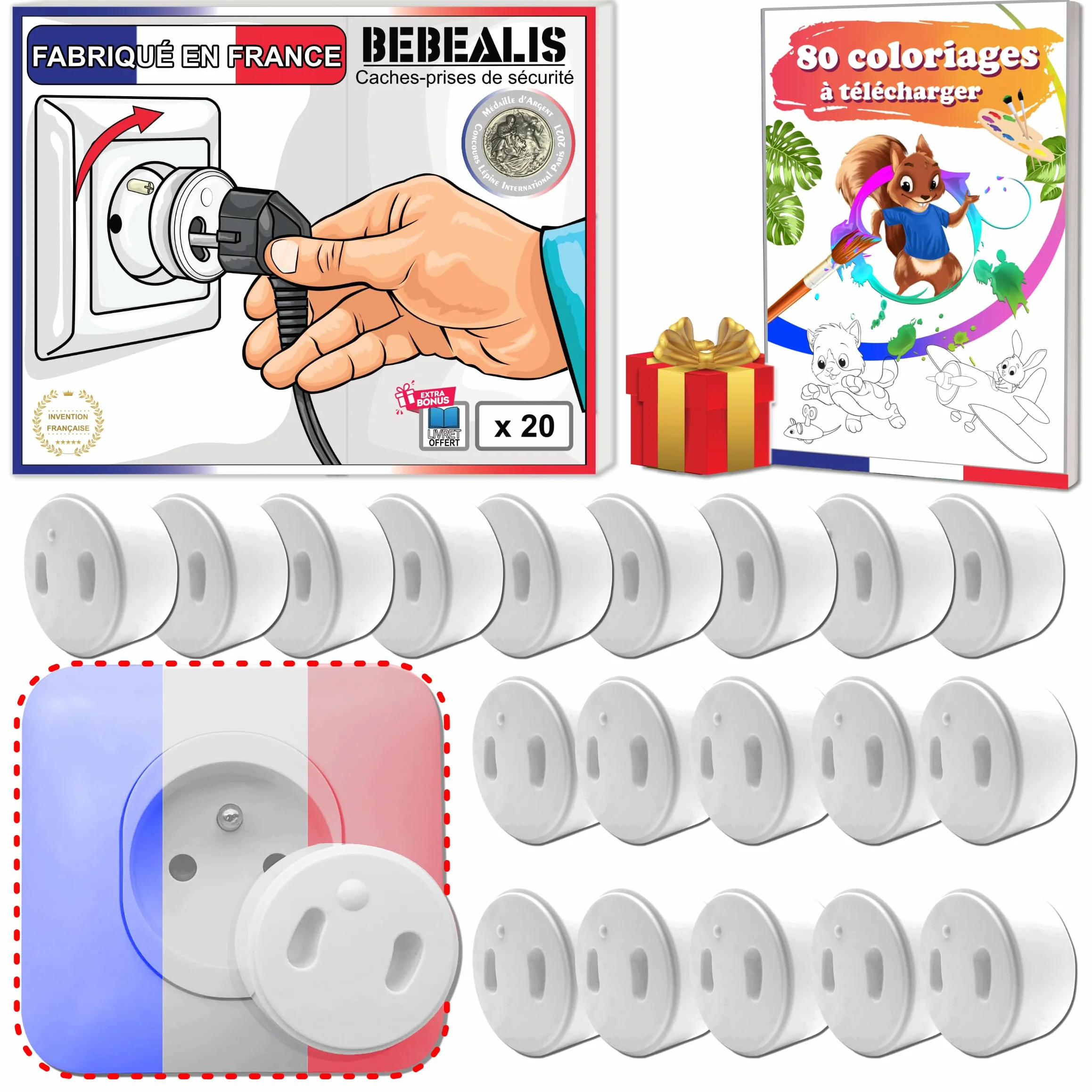 [Pakiet x20] Zdejmowana pokrywa francuska dla niemowląt [ Bez klucza Ni Klej ] - Wynalazek 100% Made in France - Wtyczka dla niemowląt - Bezpieczeństwo w domu Ochrona gniazdka elektrycznego - opiekuna