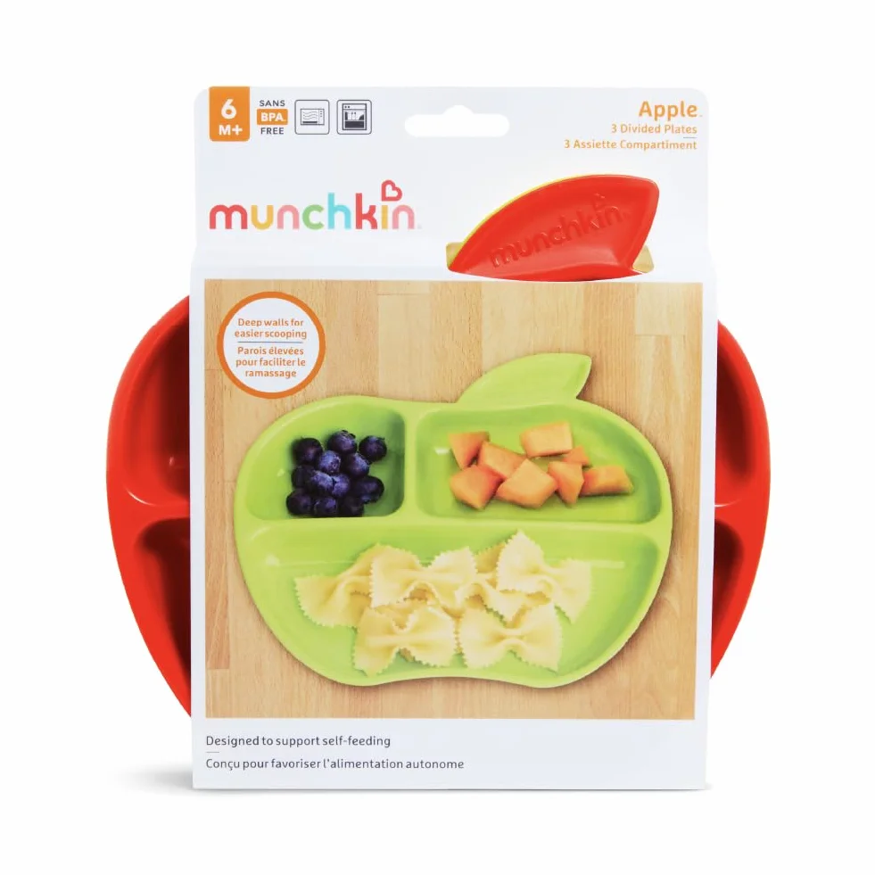 Munchkin Lil' Apple Kids dzielone talerze, 3 sztuki (żółty, czerwony i zielony)