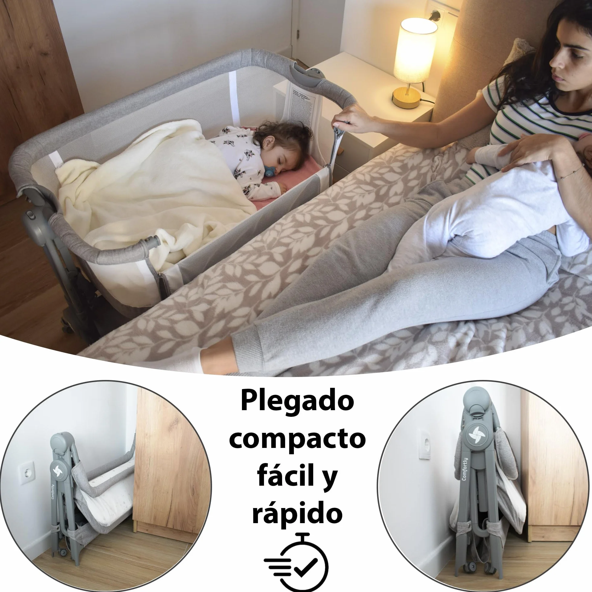 Twinly Comfortly 2 w 1 składane łóżeczko dziecięce z kółkami, regulowana wysokość, materac w zestawie
