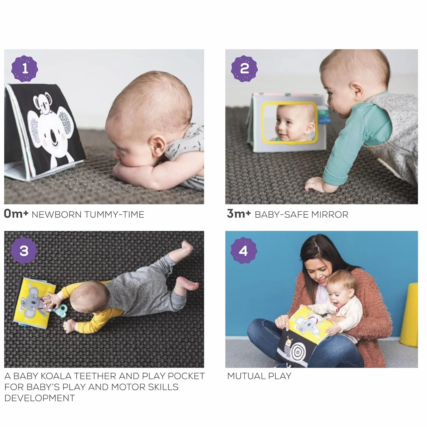 Taf Toys Koala Infant Tummy time Miękka dwustronna książka aktywności. Zawiera lusterko bezpieczne dla niemowląt, marszczone tekstury i miękki gryzak. 0 miesięcy +