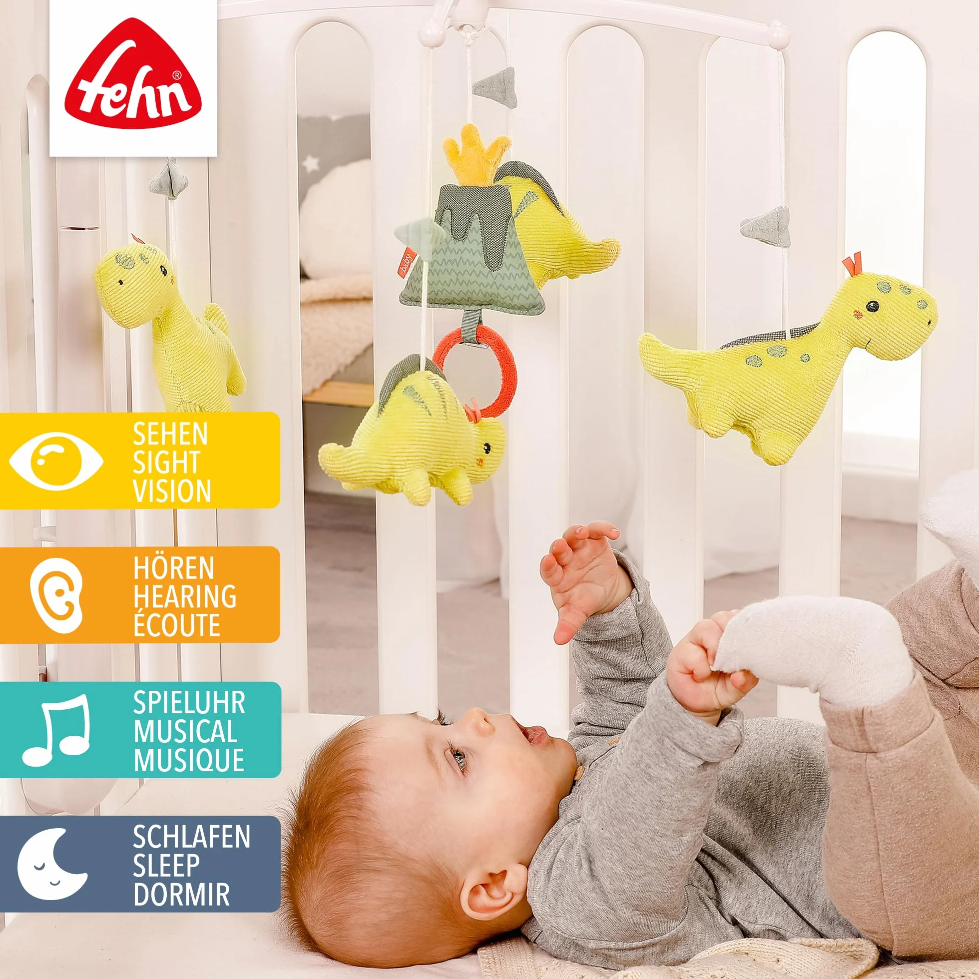 Fehn Musik-Mobile Happy Dino Aufzieh-Mobile mit Spieluhr-Melodie Brahms Wiegenlied und Figuren zur Beruhigung & Beschäftigung mit Bett-Befestigung für Babys von 0-5 Monaten