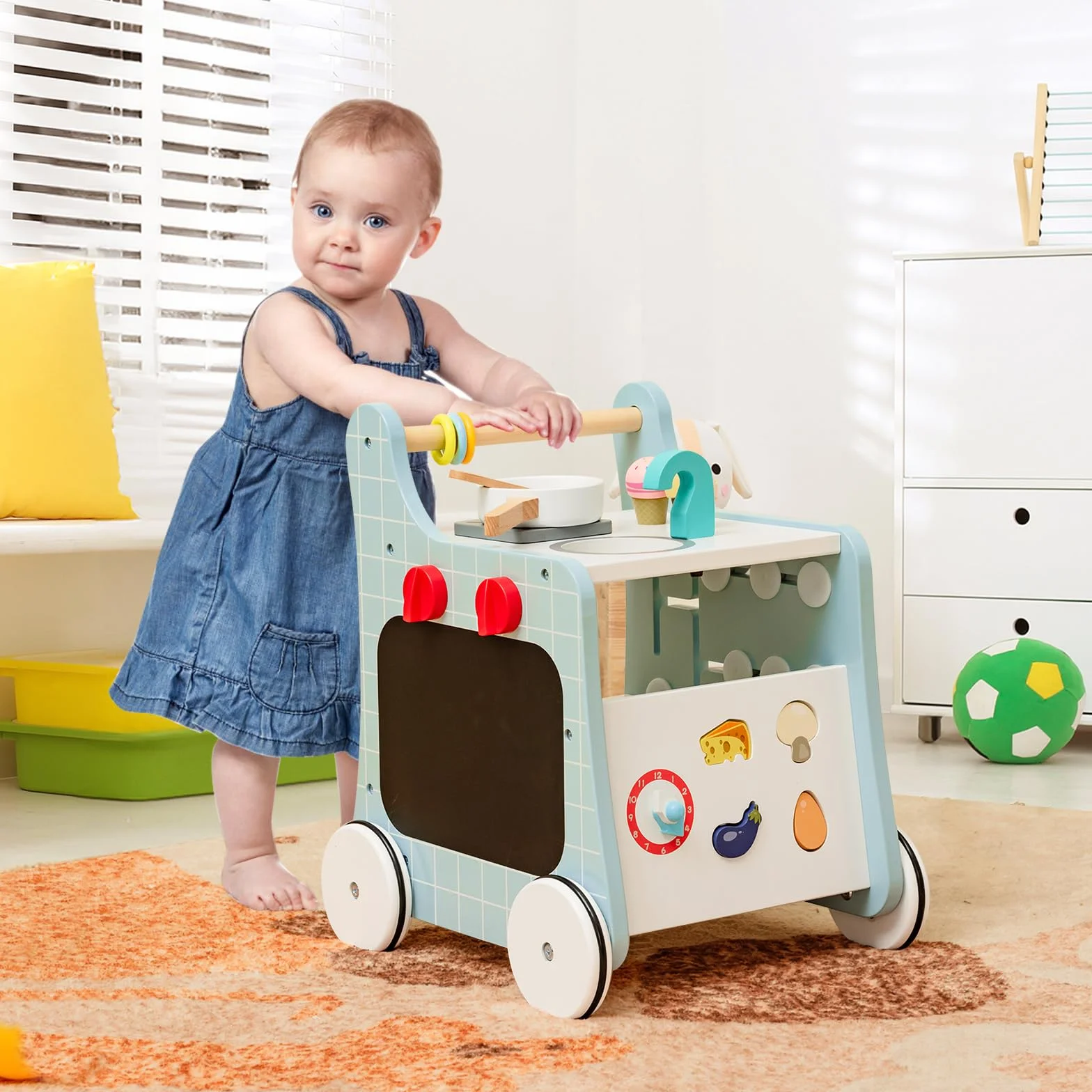 COSTWAY Drewniany wózek do nauki chodzenia 6 w 1, Baby Walker z kuchnią do zabawy