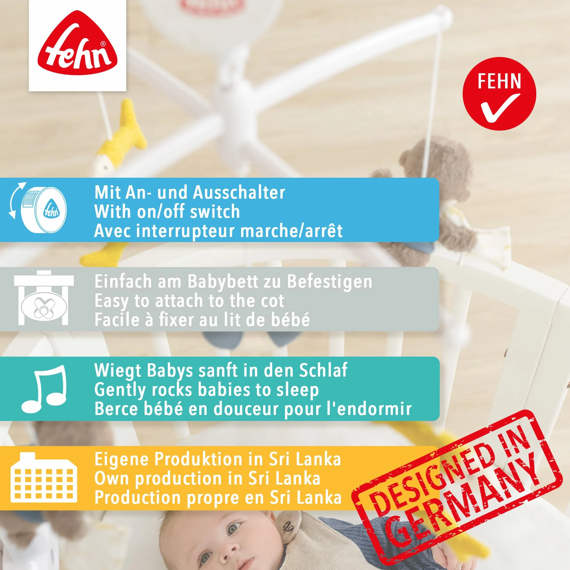 Fehn Musik-Mobile Happy Dino Aufzieh-Mobile mit Spieluhr-Melodie Brahms Wiegenlied und Figuren zur Beruhigung & Beschäftigung mit Bett-Befestigung für Babys von 0-5 Monaten