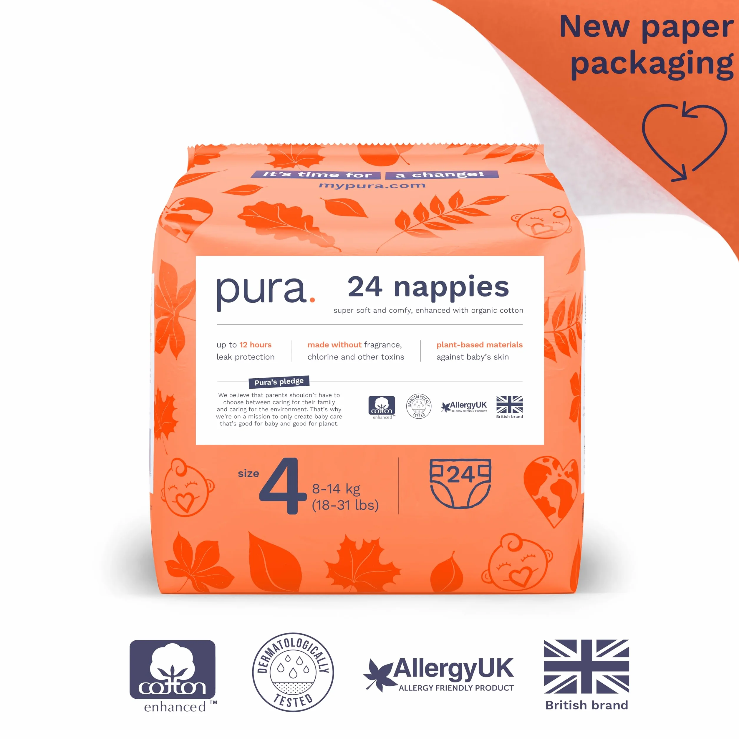 Pura Ekologiczne pieluchy dla niemowląt rozmiar 4 (8-14 kg) 24 sztuki bawełna organiczna ochrona przed wyciekiem