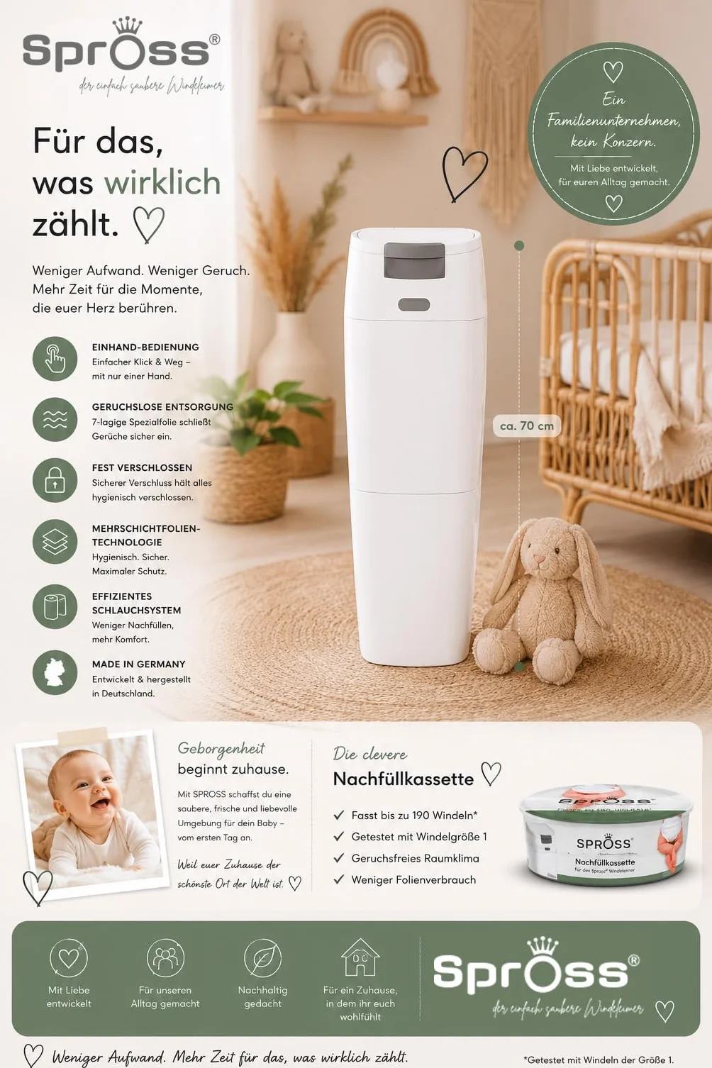Spross Kosz na pieluchy dla niemowląt z kasetą uzupełniającą – nieprzepuszczający zapachów system z obsługą jedną ręką, biało-szary