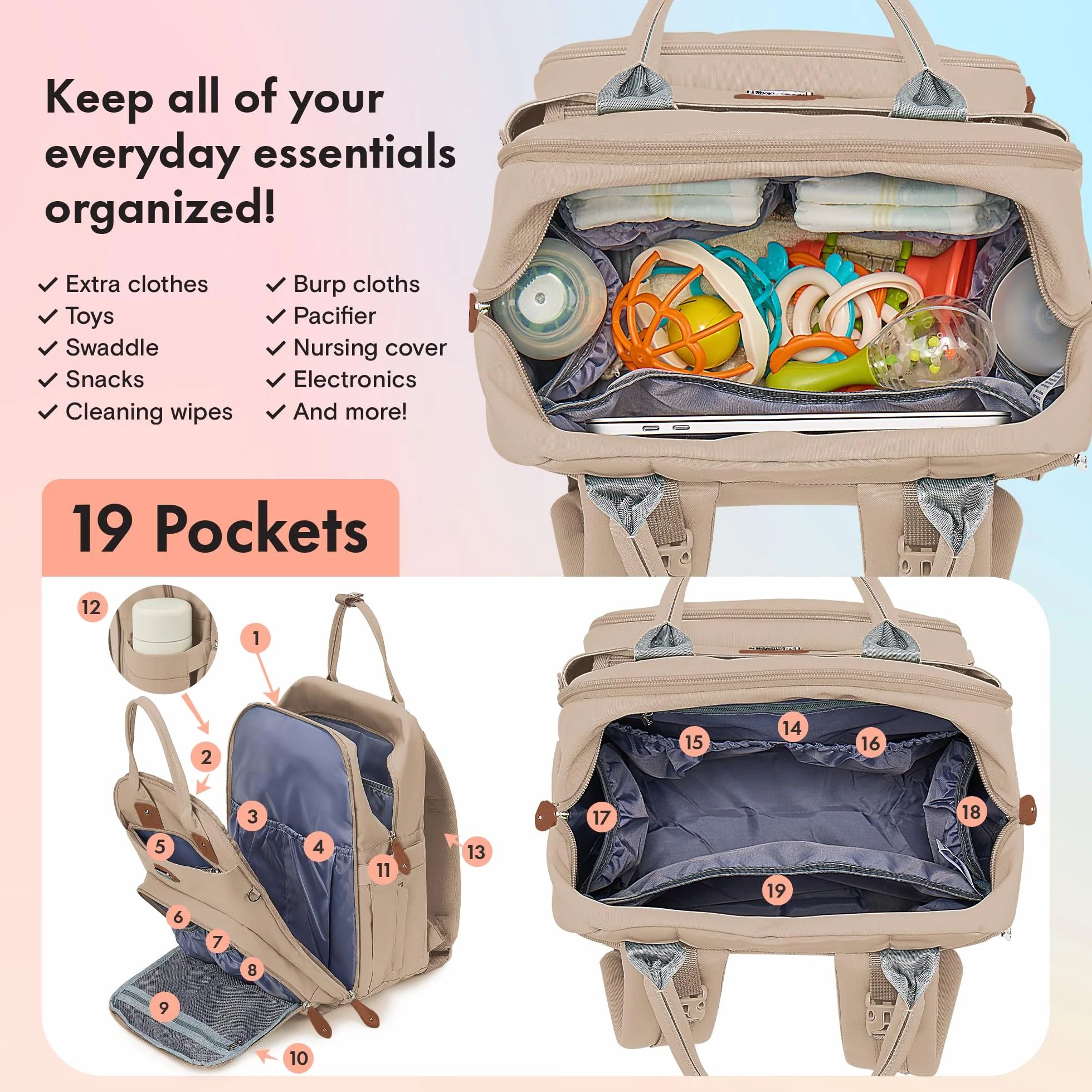 Dikaslon Wickeltasche plecak duży plecak wiklinowy z wielofunkcyjnymi poduszkami dla dzieci i mobilnymi klapami - Schnullerhalter und Kinderwagengurte - dla mamy i taty, rozmiar Einheitsgröße