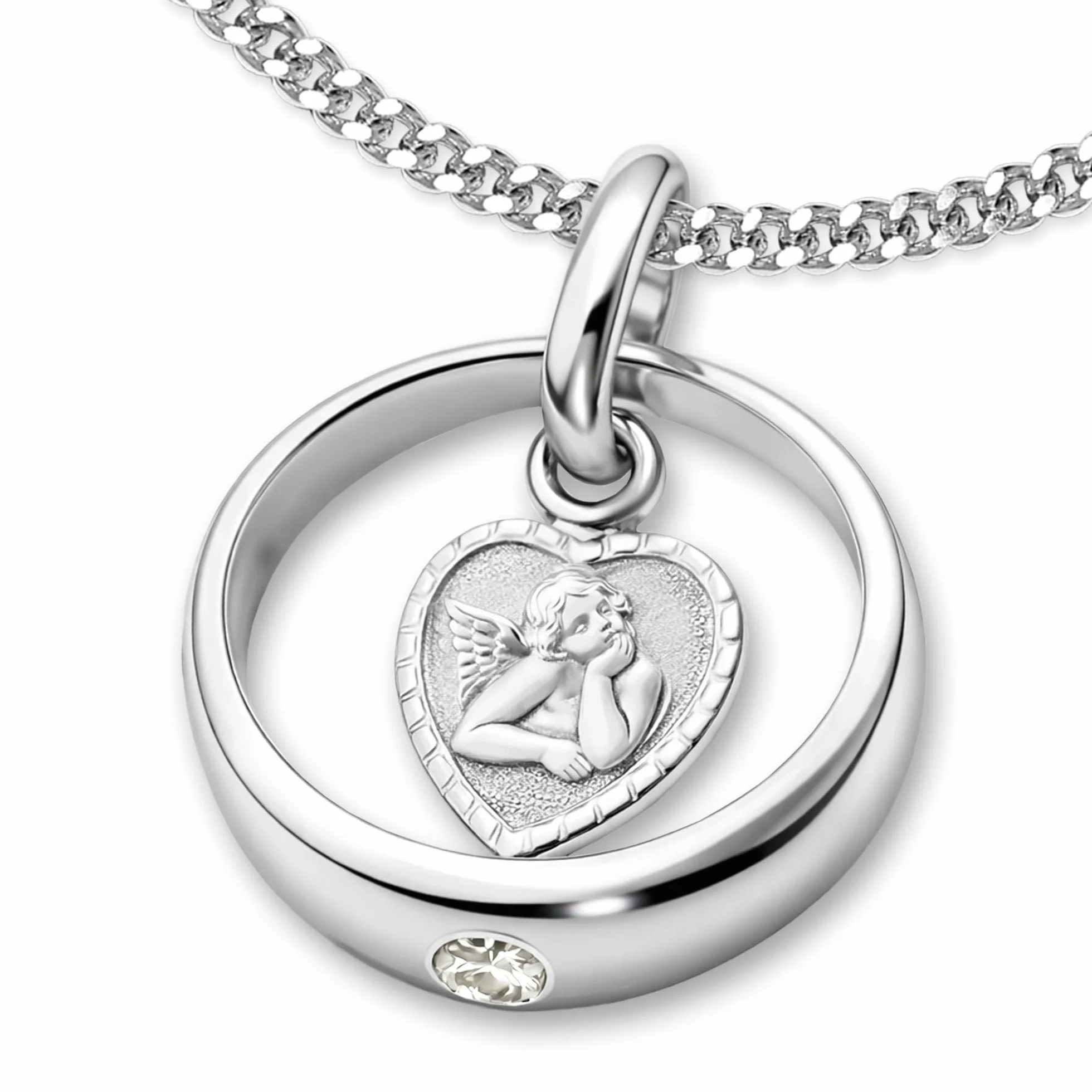 CLEVER SCHMUCK zestaw srebrnych pierścionków do chrztu, Ø 12 mm, z białą cyrkonią, wewnątrz aniołek w kształcie serca, łańcuszek pancerka 34 cm, srebro 925, dla dziewcząt lub chłopców, w etui na chrzest, kolor biały