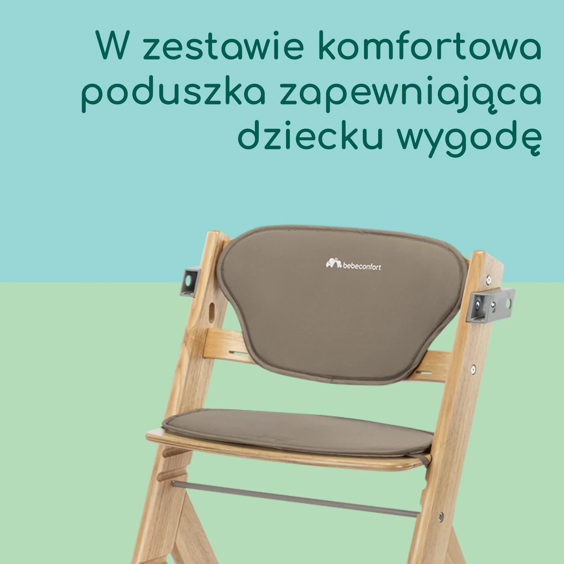 Bebeconfort Timba 2 z Poduszką, Krzesełko Dziecięce Drewniane, 6+ Miesięcy, Do 110 kg, Ergonomiczne Krzesełko do Karmienia, Pasuje do Wielu Stołów, Wyjmowana Taca, Natural Wood + Beige