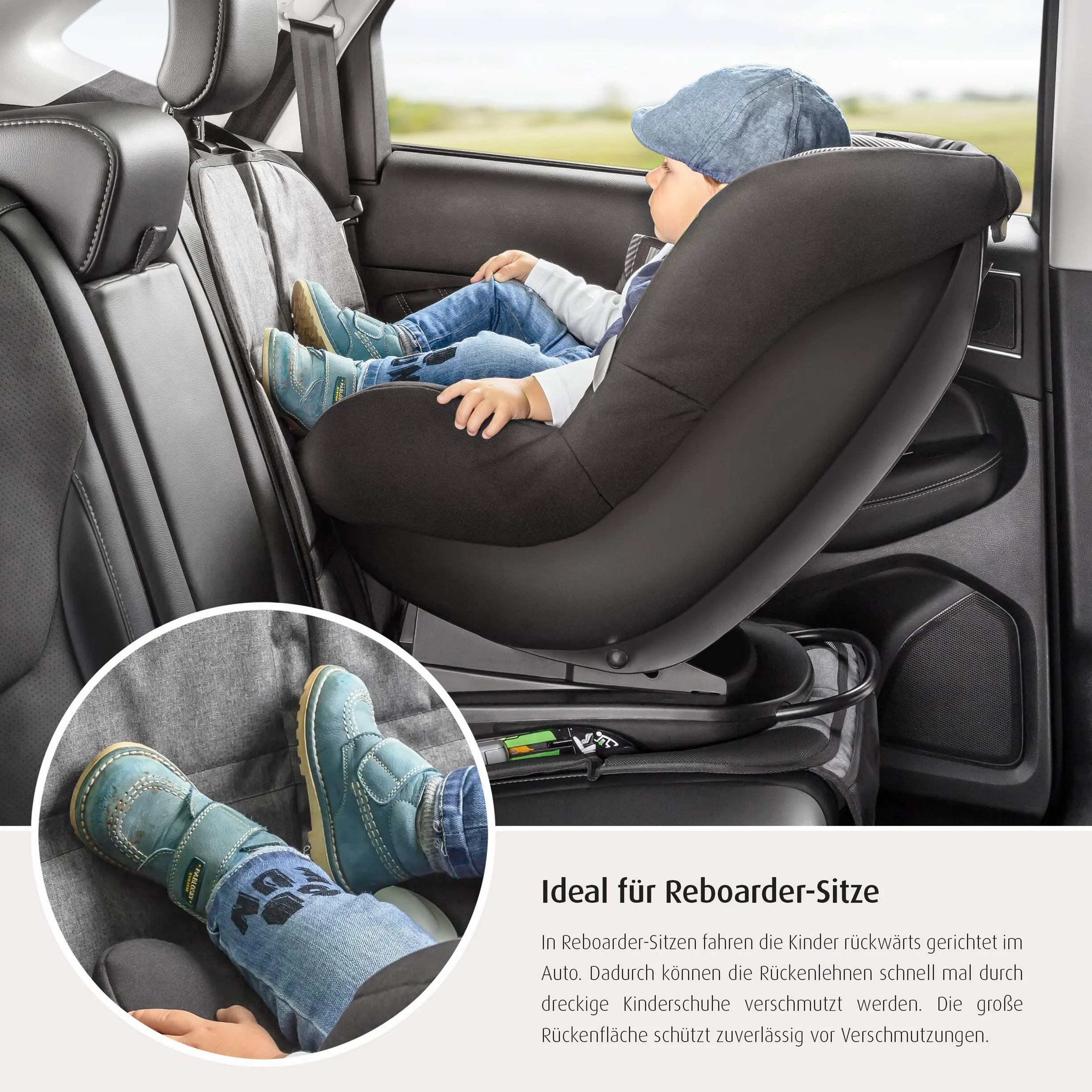 reer Podkładka pod fotelik dziecięcy TravelKid MaxiProtect, podkładka ochronna na fotel samochodowy z ochroną oparcia, antypoślizgowa podkładka, nadaje się do wszystkich tradycyjnych modeli, szara