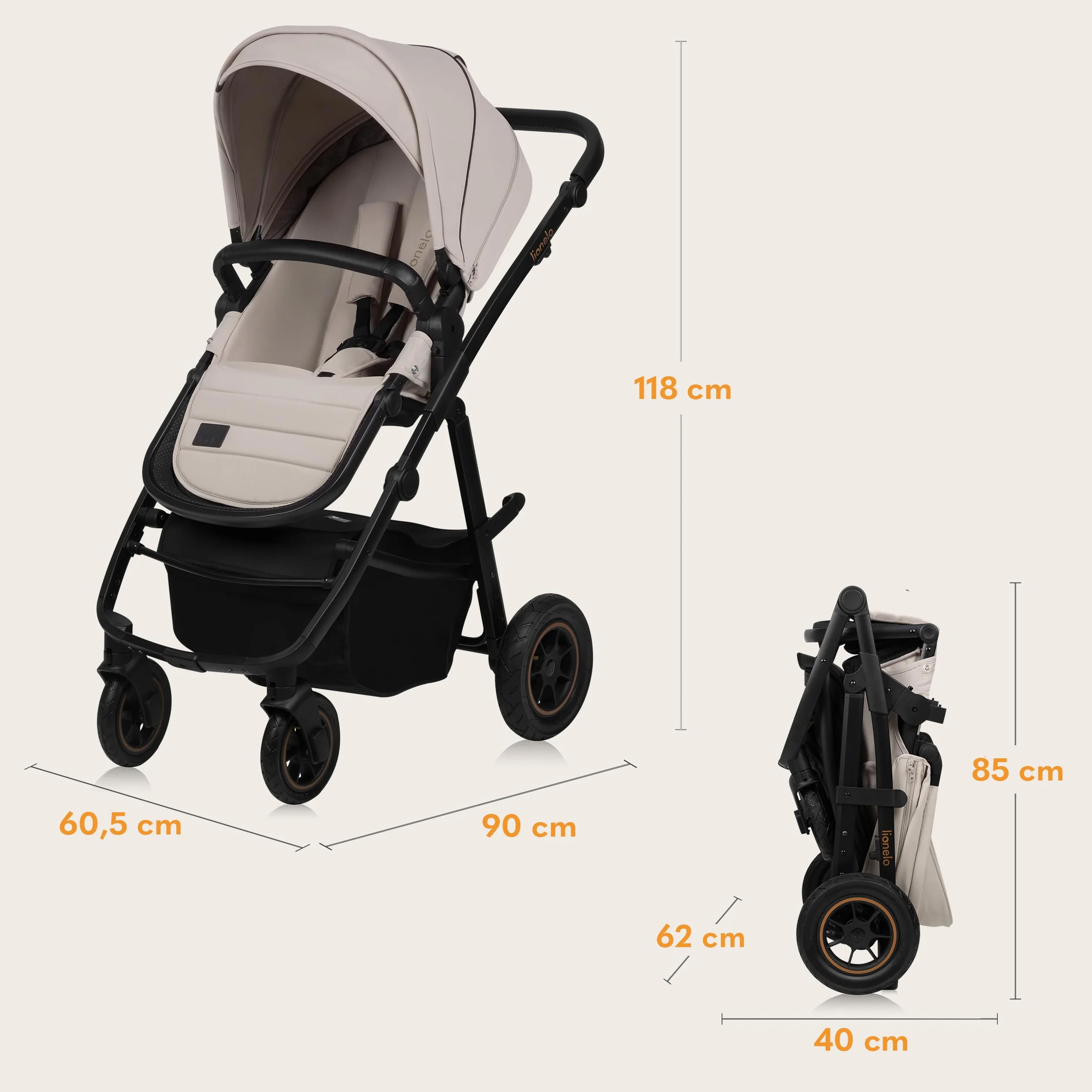 LIONELO AMBER PLUS 3w1 Wielofunkcyjny Wózek Dziecięcy od 0 do 4 lat do 22kg z Gondolą XL, Fotelik Samochodowy do 13kg, Regulacja Oparcia, Duże Terenowe Koła 360° Budka XXL