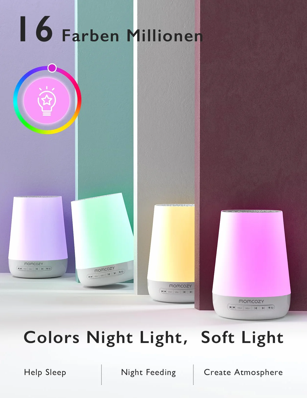 Momcozy White Noise Machine Urządzenie Wspomagające Zasypianie Niemowląt, Biały Szum z 34 Kojącymi Dźwiękami, 7 Kolorów Swiatła Nocnego, Terapia Dźwiękowa|Timer|Pilot Zdalnego Sterowania z Aplikacją