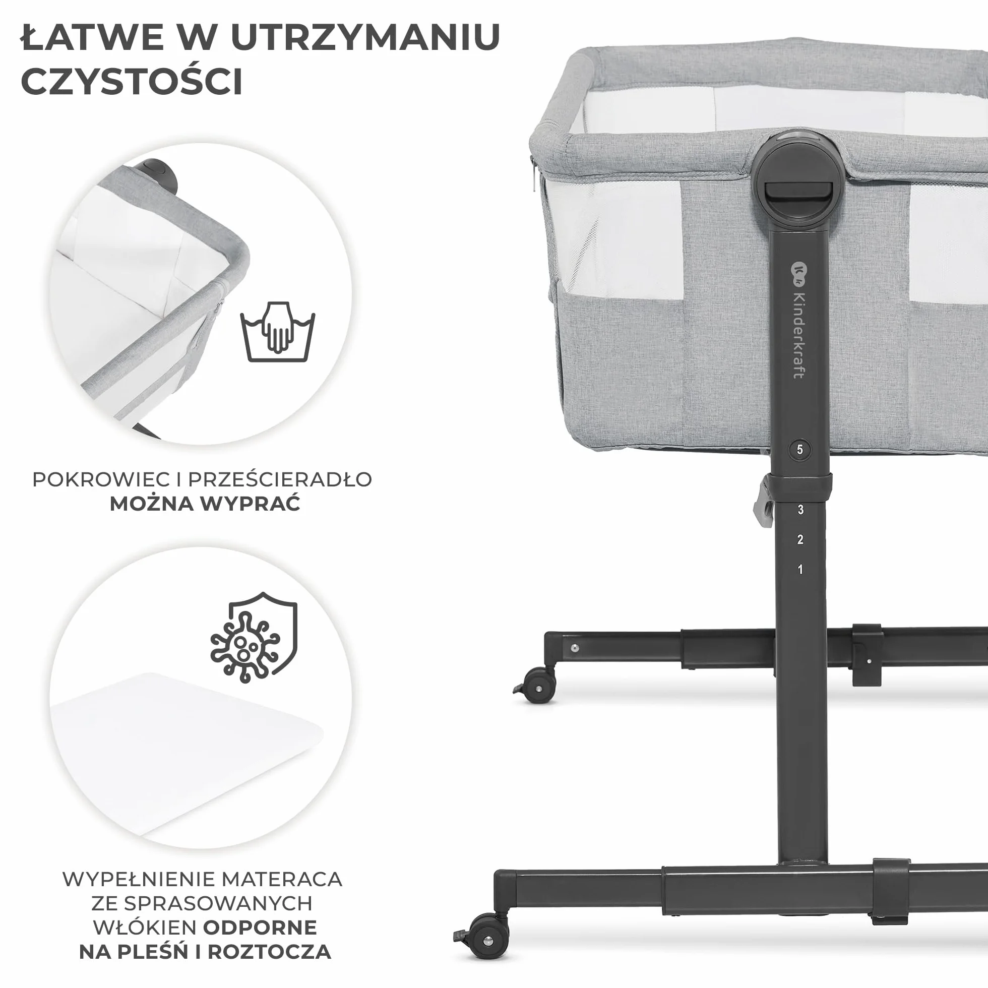 Kinderkraft NESTE UP2 Łóżeczko dostawne turystyczne dziecięce, regulacja wysokości i kąta nachylenia, materac i prześcieradło, do 9 kg, Szary