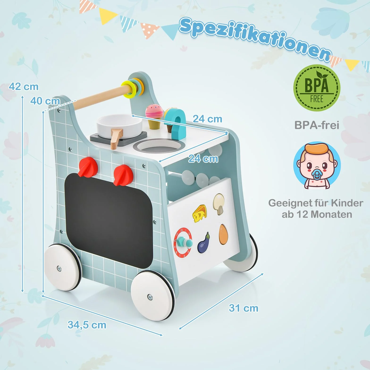 COSTWAY Drewniany wózek do nauki chodzenia 6 w 1, Baby Walker z kuchnią do zabawy
