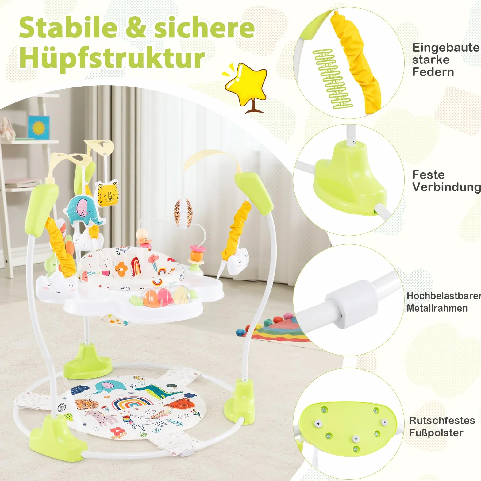 GOPLUS 3 w 1 Baby Jumperoo, centrum do skakania i zabaw z obrotowym siedziskiem o 360°, zabawka i tablet muzyczny ze światłami i dźwiękiem, siedzisko do zabawy z regulacją wysokości, dla dzieci od 6