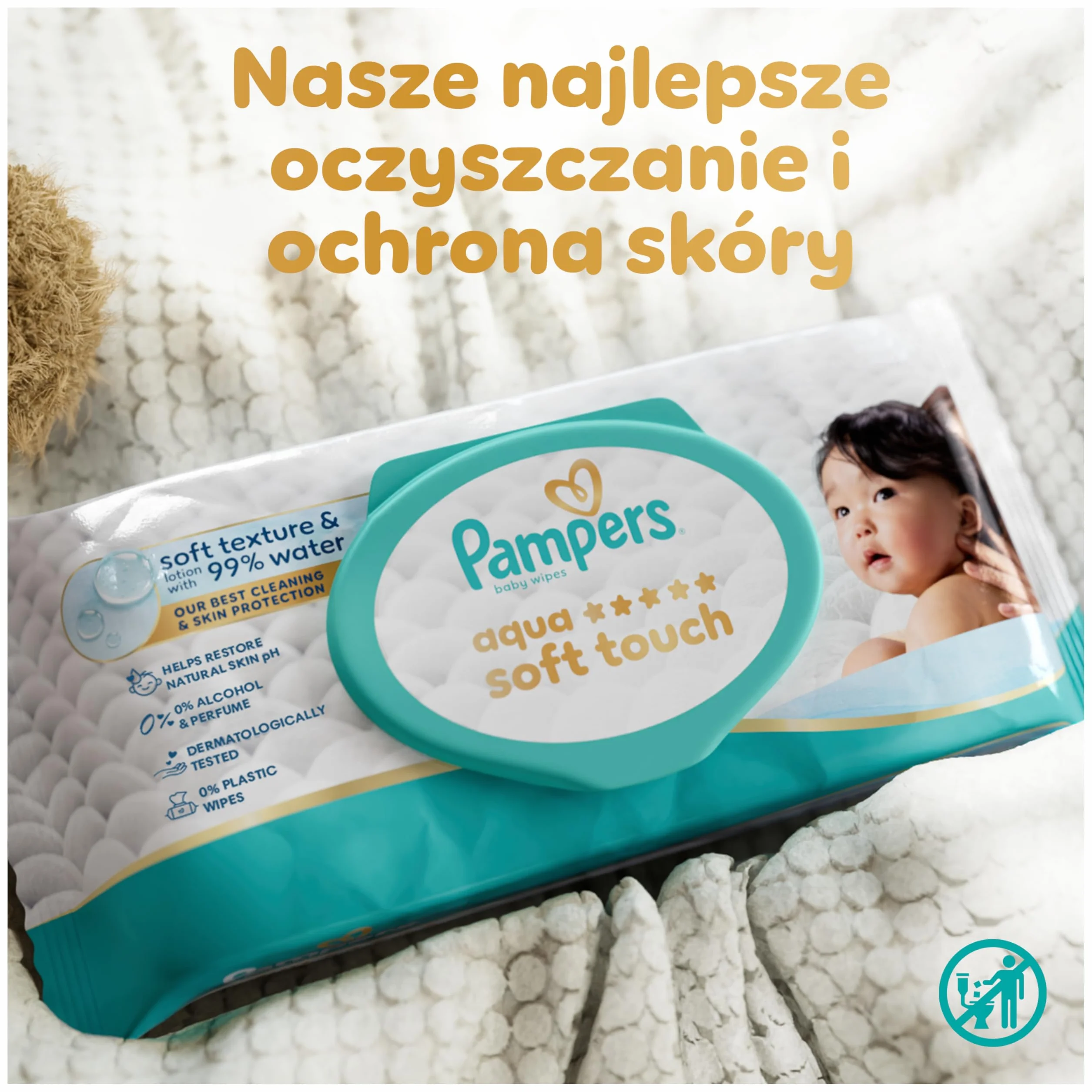 Pampers Aqua Soft Touch Chusteczki Nawilżane Dla Dzieci, 12 Opakowania po 48 Chusteczek = 576 szt., Miękka Faktura i Balsam Składający Się W 99% Z Wody