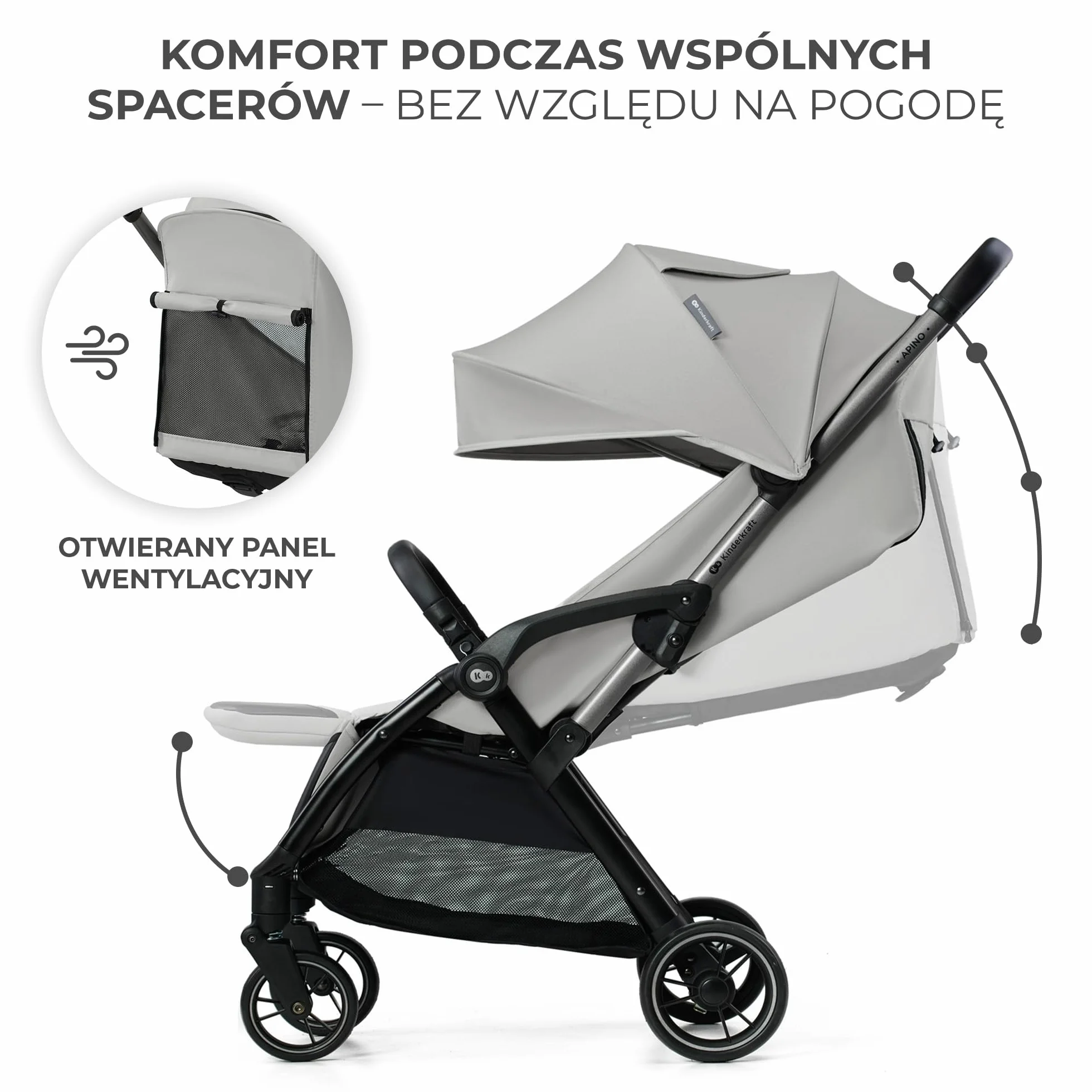 Kinderkraft APINO Lekka Spacerówka, Wózek dziecięcy, Idealny na podróż, AUTO FOLDING, Składany, Kompaktowy, Lekki, Tylko 7,5kg, Wodoodporna budka, Regulacja oparcia, obciążenie do 24kg, Szary