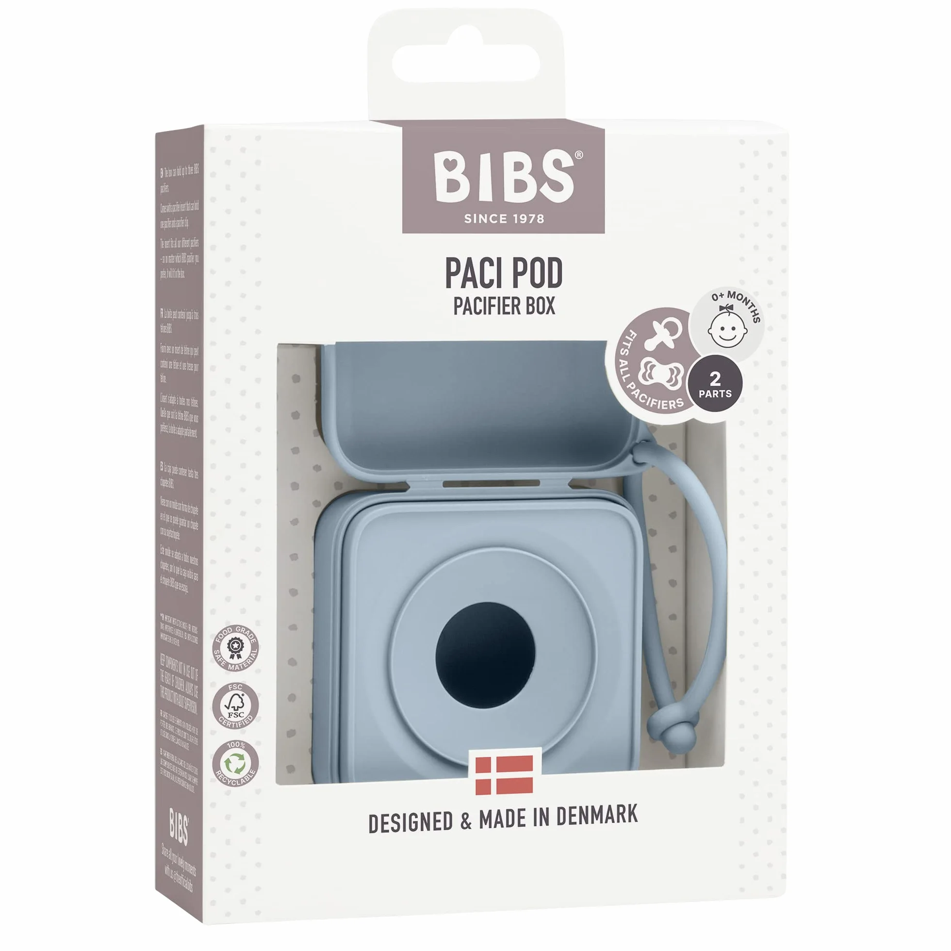 BIBS Pudełko na smoczek z gumką. Pudełko sterylizatora na smoczek. Materiał w 100% wolny od BPA. Wyprodukowano w Danii. Baby Blue