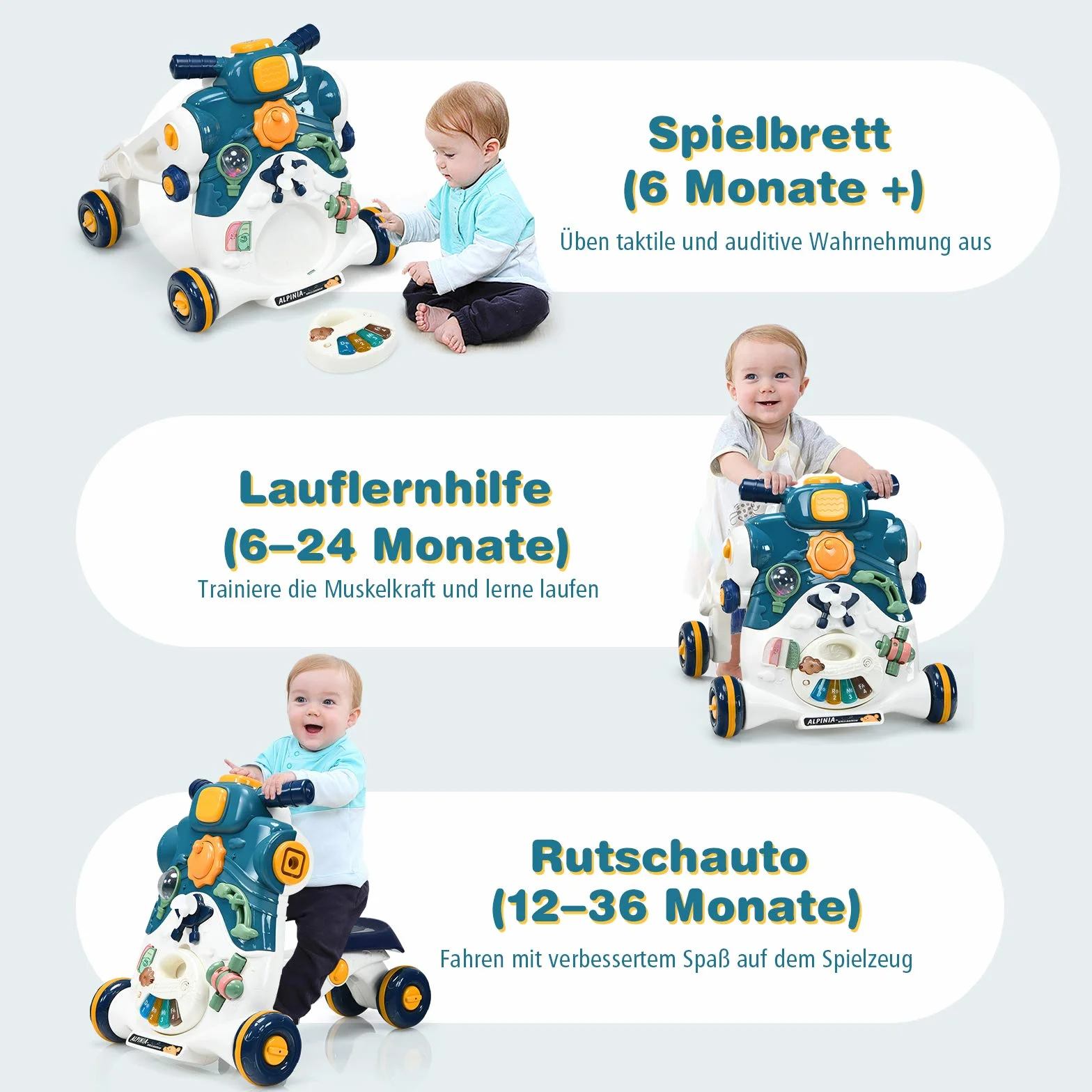 COSTWAY Wózek do nauki chodzenia 3 w 1, ze światłami i muzyką, pomoc w nauce chodzenia, samochód zjeżdżalny i deska do zabawy, Baby Walker dla dzieci w wieku od 6 do 36 miesięcy, bez chodzenia 46 x 46