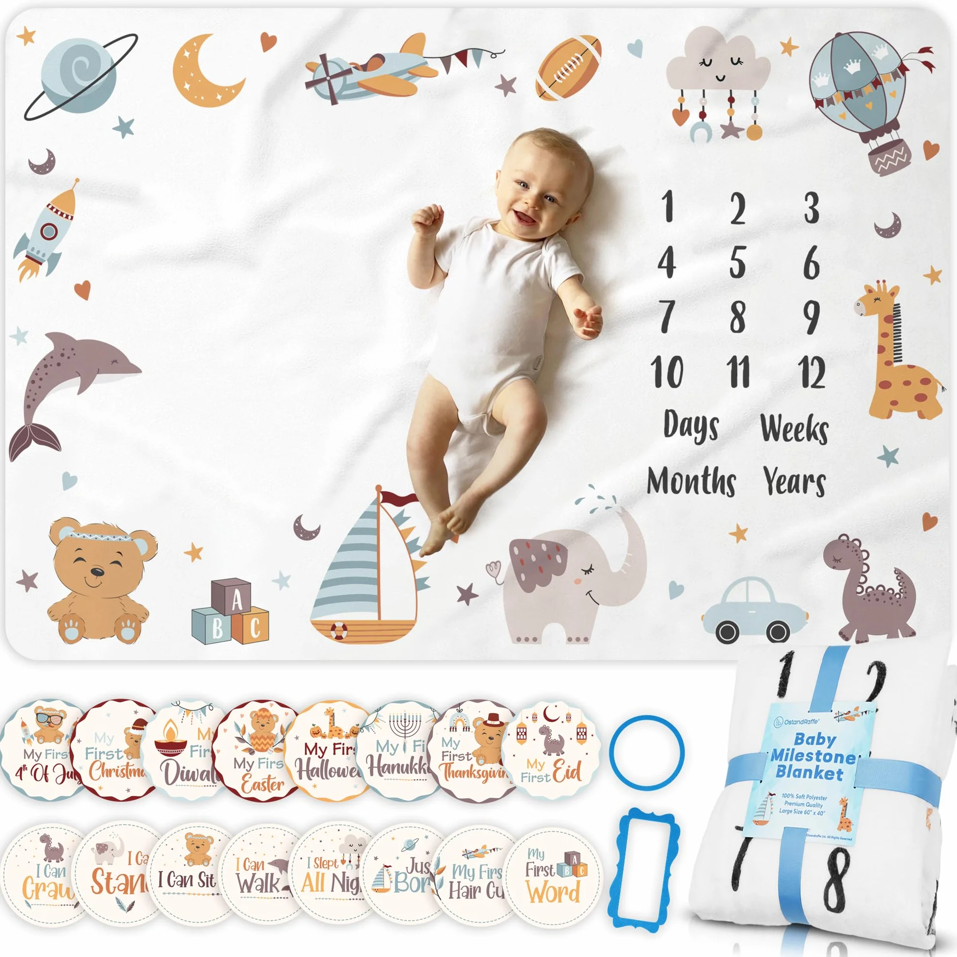 Miesięczny koc z kamieniem milowym dla chłopca, wykres wzrostu na pierwsze 12 miesięcy, niezbędne artykuły dla noworodka, duży rozmiar 152 cm x 102 cm, miękki polarowy koc fotograficzny,