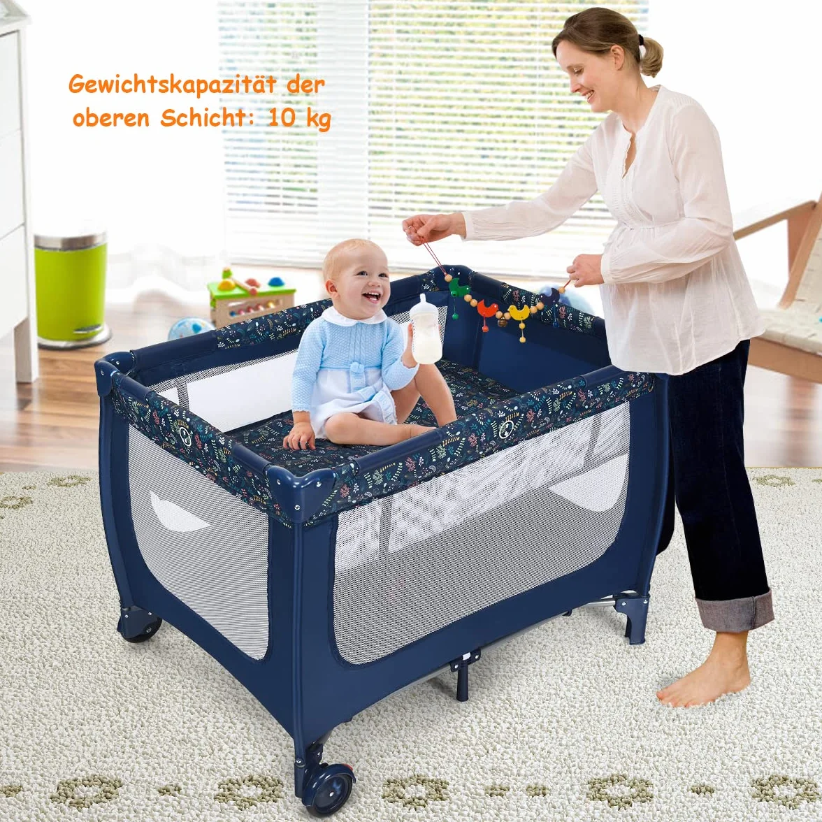 COSTWAY Łóżko podróżne i kojec 2 w 1 składane 120 x 60 cm 2 poziomy łóżeczko dziecięce z materacem i torbą do przenoszenia niebieskie
