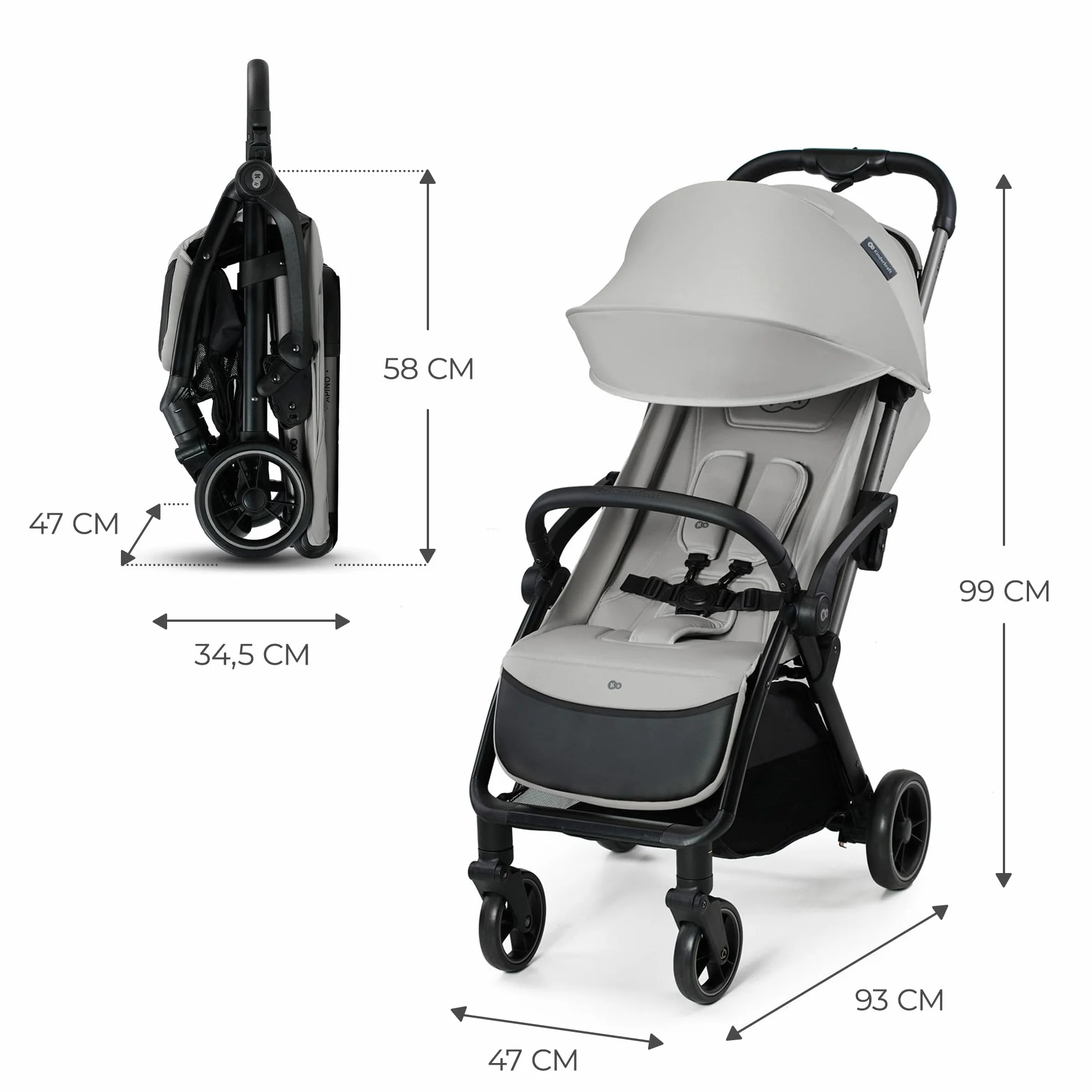 Kinderkraft APINO Lekka Spacerówka, Wózek dziecięcy, Idealny na podróż, AUTO FOLDING, Składany, Kompaktowy, Lekki, Tylko 7,5kg, Wodoodporna budka, Regulacja oparcia, obciążenie do 24kg, Szary