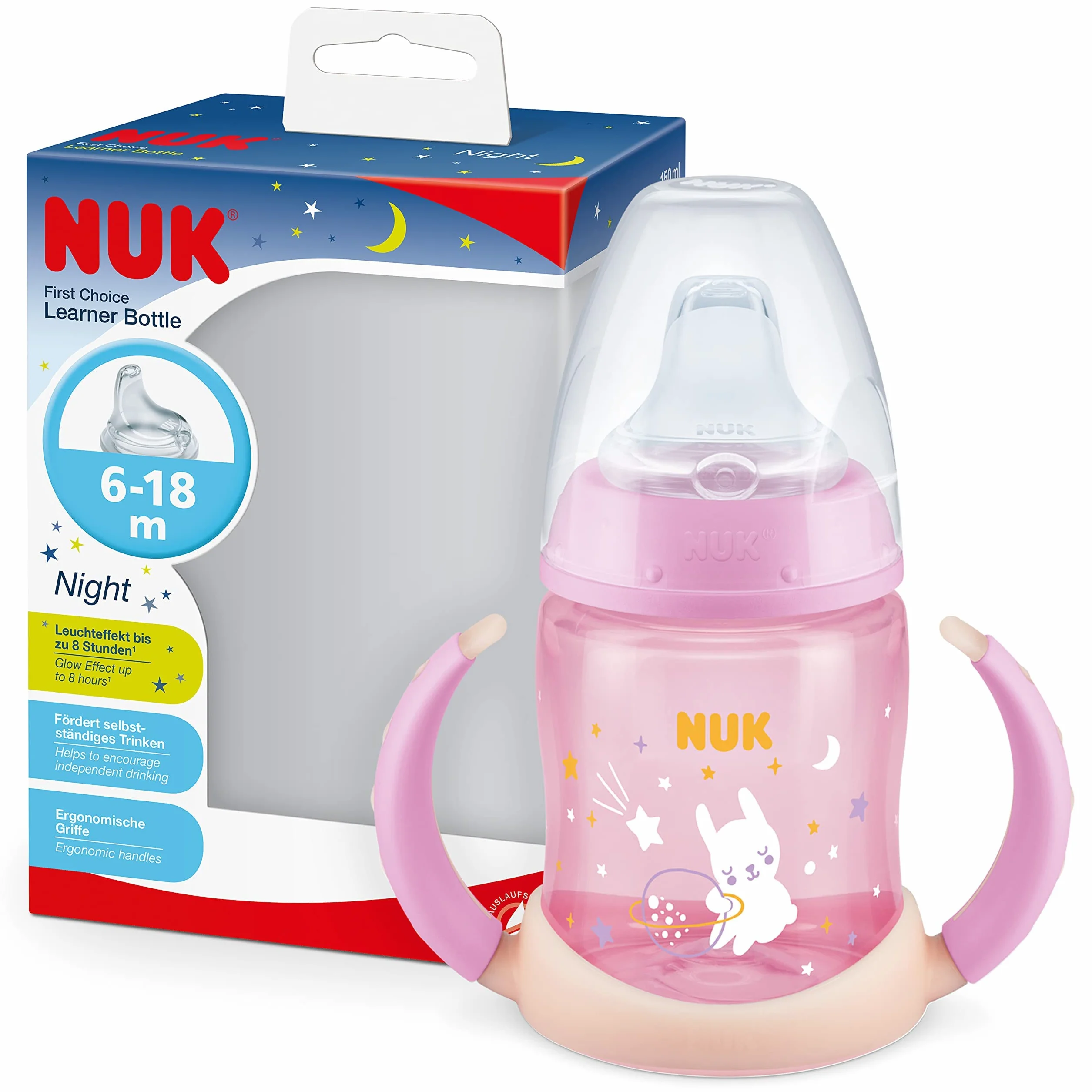 Kubek niekapek NUK First Choice Night | Wiek: od 6 do 18 miesiąca | 150 ml | Fosforyzujący kolor | Uchwyty i ortodontyczny silikonowy dzióbek| System antykolkowy | Nie zawiera bisfenolu A | Różowy