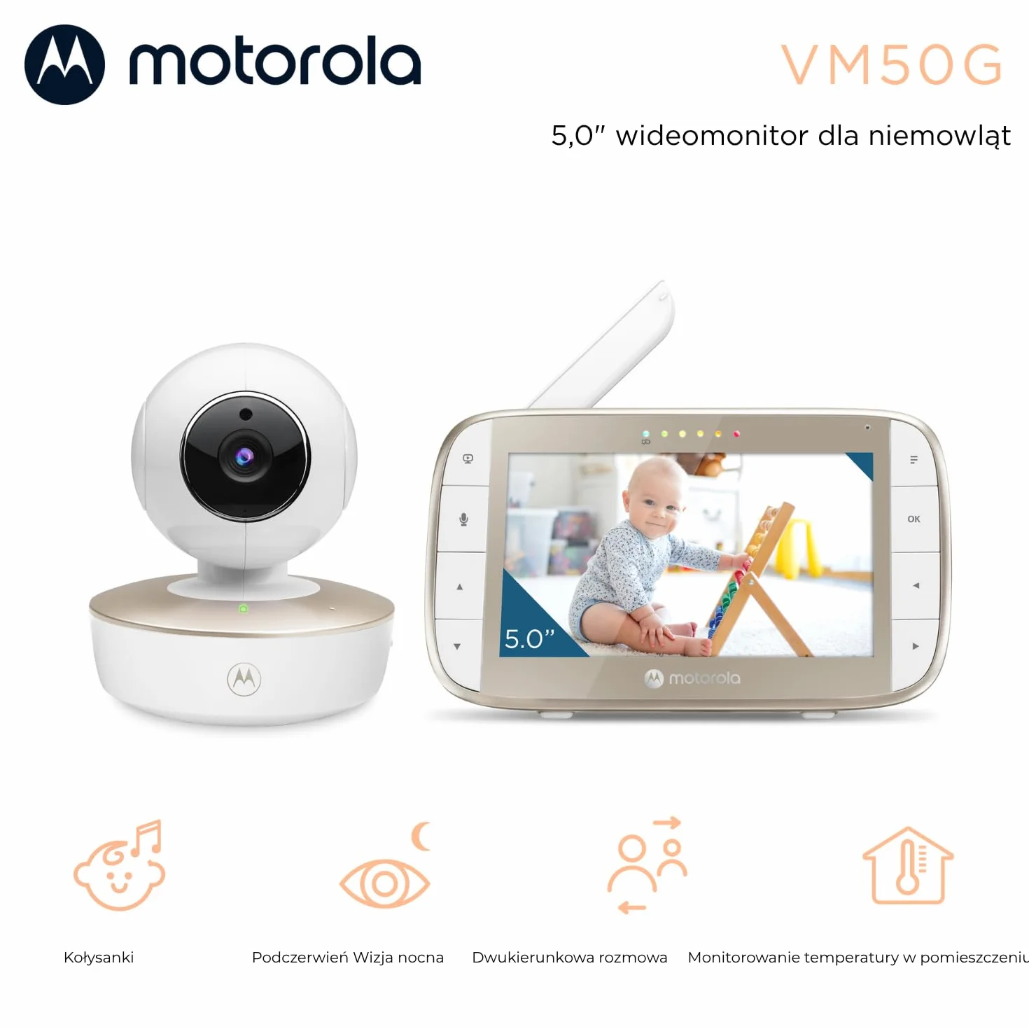 Motorola Monitor VM50G dla niemowląt z kamerą 5-calowy kolorowy ekran nocne widzenie zoom cyfrowy rozmowa dwukierunkowa czujnik temperatury