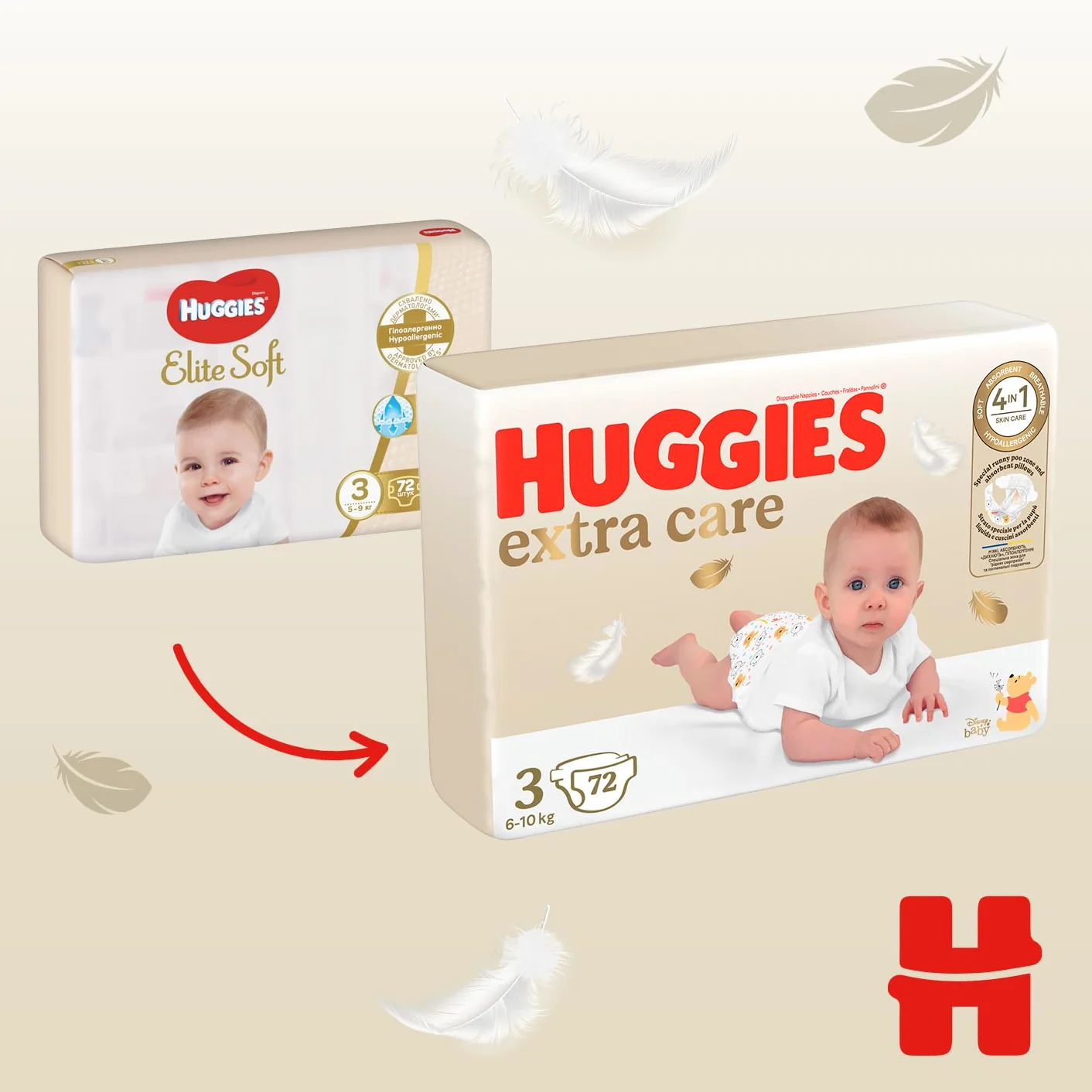 Huggies Extra Care Pieluchy rozmiar 3, (6-10 kg) 144 szt.